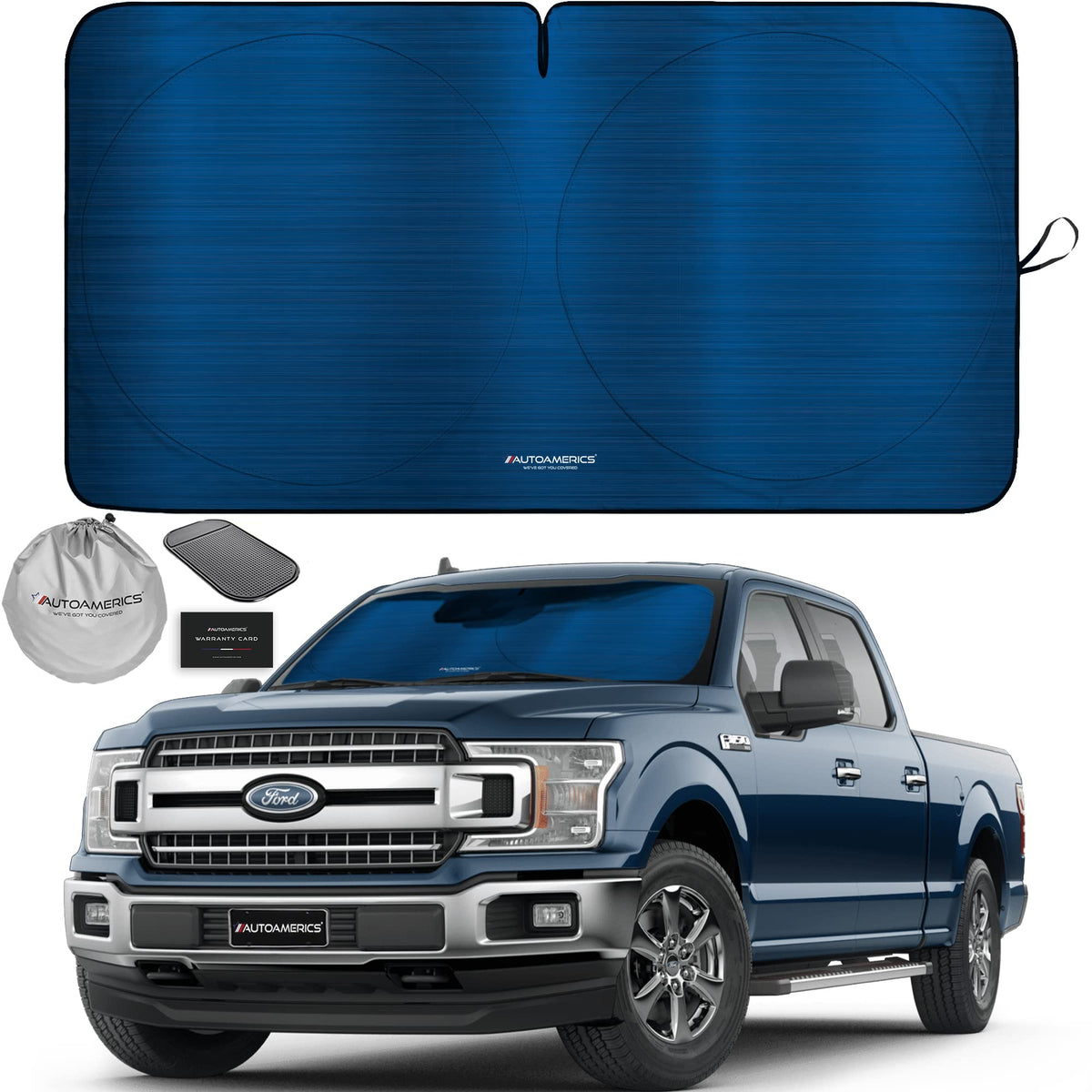 Autoamerics 1-Piece Windshield Sun Shade - Metallic Blue Foldable Car Front Window Sunshade For Most Cars Suv Truck Heat Blocker