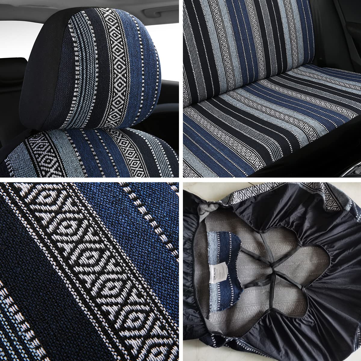 PONYJOYUP Baja Saddle Blanket Car Seat Covers 9PCS Full Set, Breathable Washable Striped for Sedan SUV Truck - Blue Baja