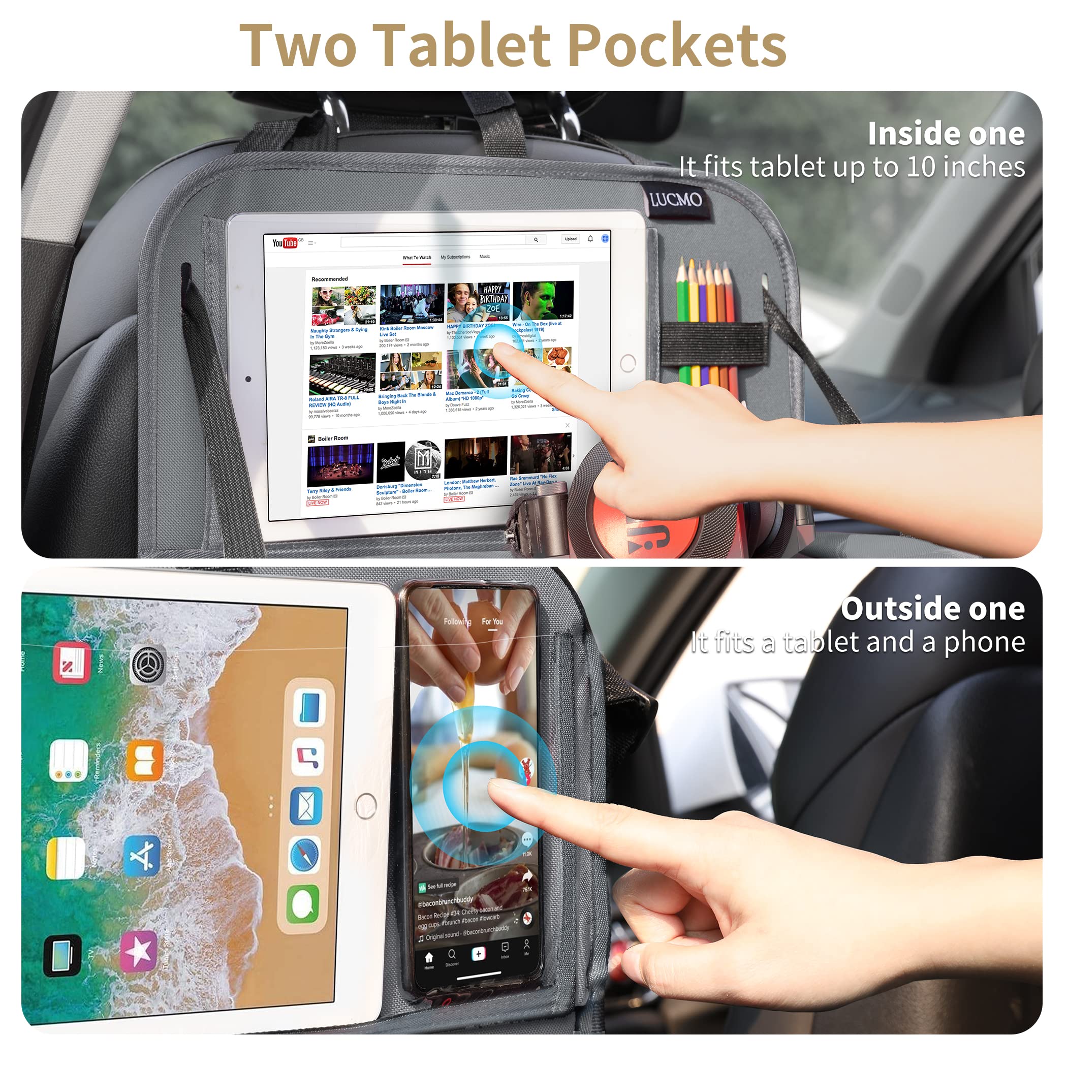 LUCMO Car Backseat Organizer with Tablet Holder-2 Pcs,6 Storage Pockets Car Storage Organizer with Foldable Food Tray Protectors