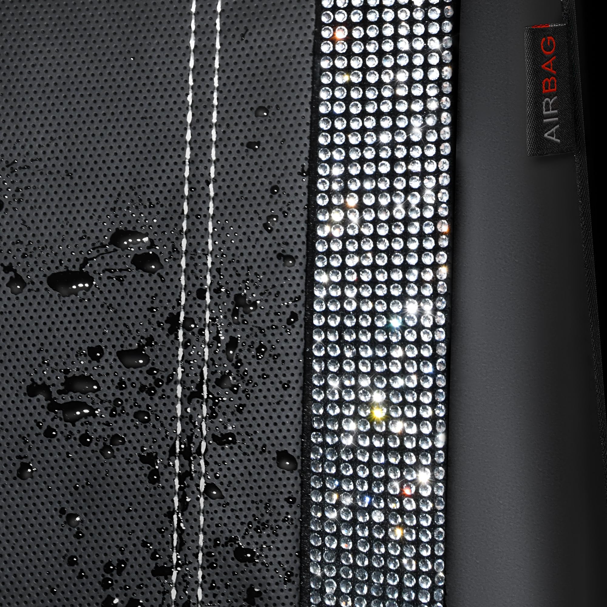 Car Pass Bling Car Seat Covers Full Set, Shining Rhinestone Diamond Waterproof Faux Leather, Rear With Zipper, Universal Fit Automotive Glitter Crystal Sparkle Strips For Cute Women Girl, Silver