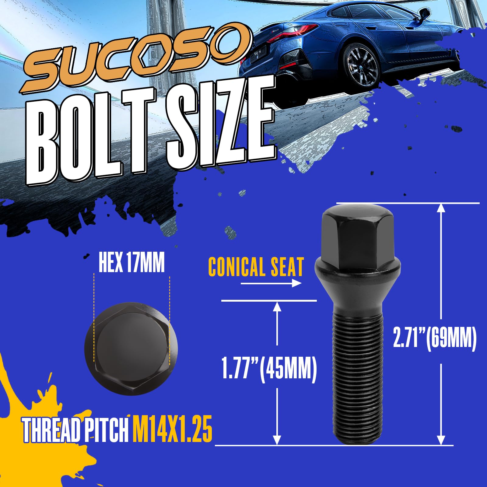 Sucoso 20Pcs M14X1.25 Lug Bolts For 328I I3 335I I8 M2 M3 M4 M5 F80 F10 F30 X2 X4 X6 Mini,45Mm Shank Length Tuner Conical Seat A