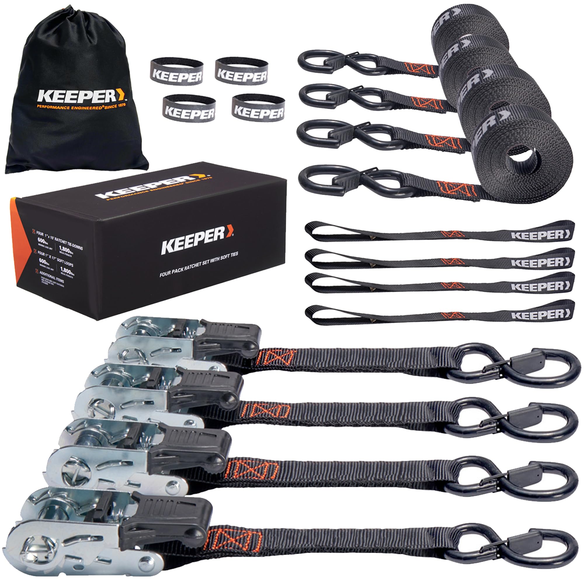 Keeper Ratchet Tie Down Kit (4Pk) – 1800Lb Max Break Strength, Includes (4) Premium 1' X 15' Rachet Tie Down Straps With Padded Handles, (4) Soft Loop Ties, (4) Hook & Loop Straps With Storage Bag