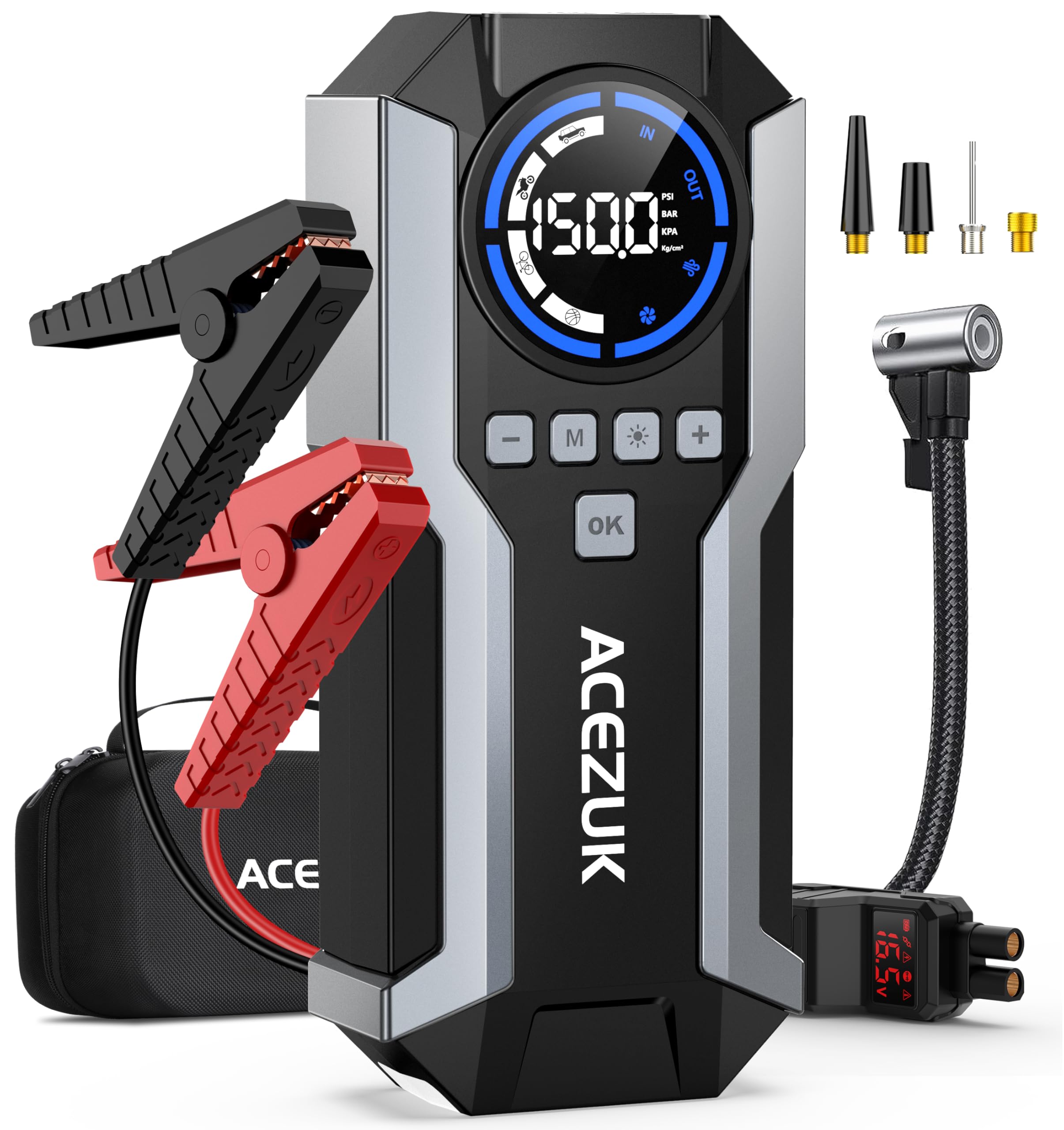 Jump Starter With Air Compressor, 8000A 150Psi Car Jump Starter (All Gas/10.0L Diesel), 12V Battery Jump Starters, Portable Jump