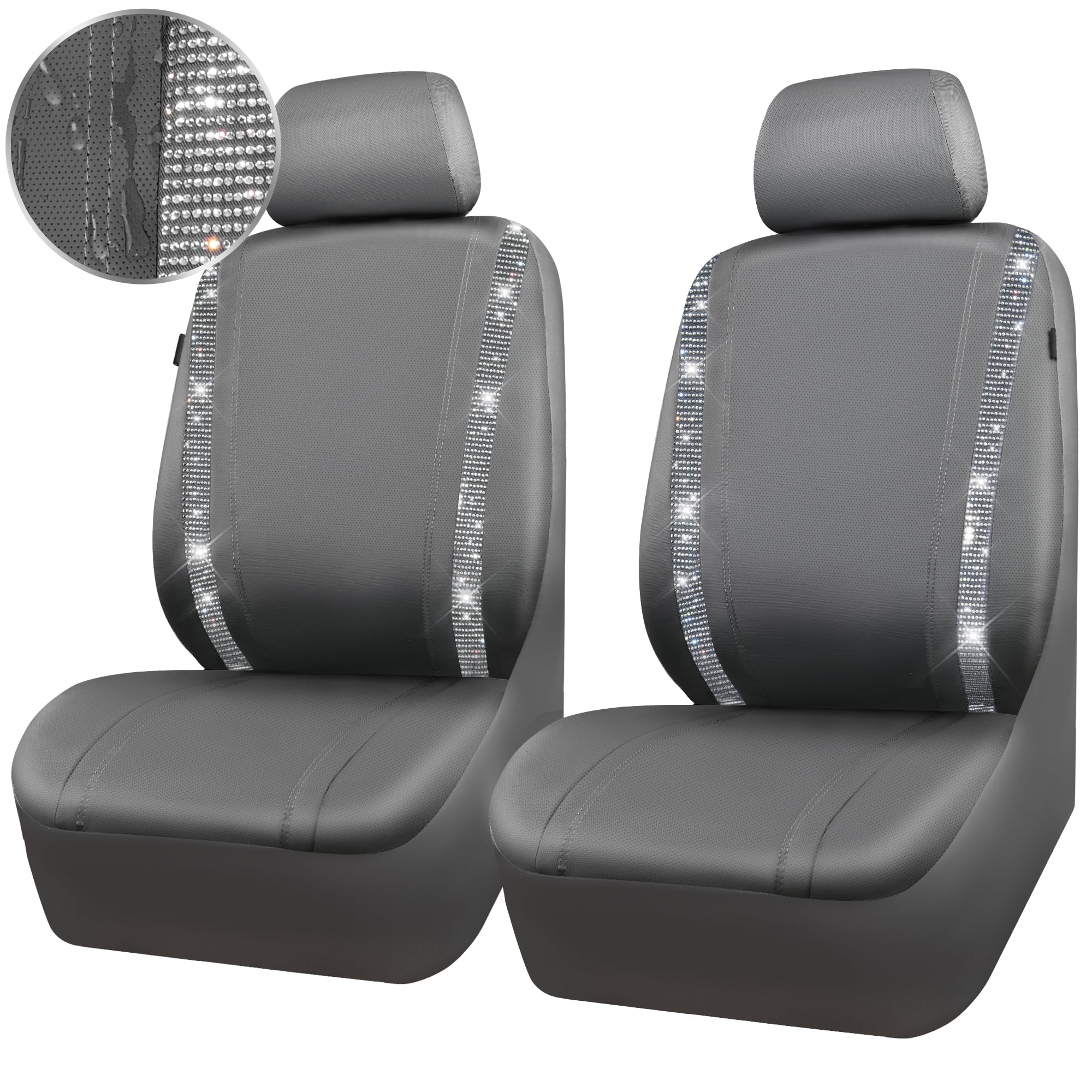 Car Pass Gray Leather Diamond Bling Car Seat Covers 2 Front Interior Sets, Waterproof Universal Shining Glitter Crystal Sparkle 