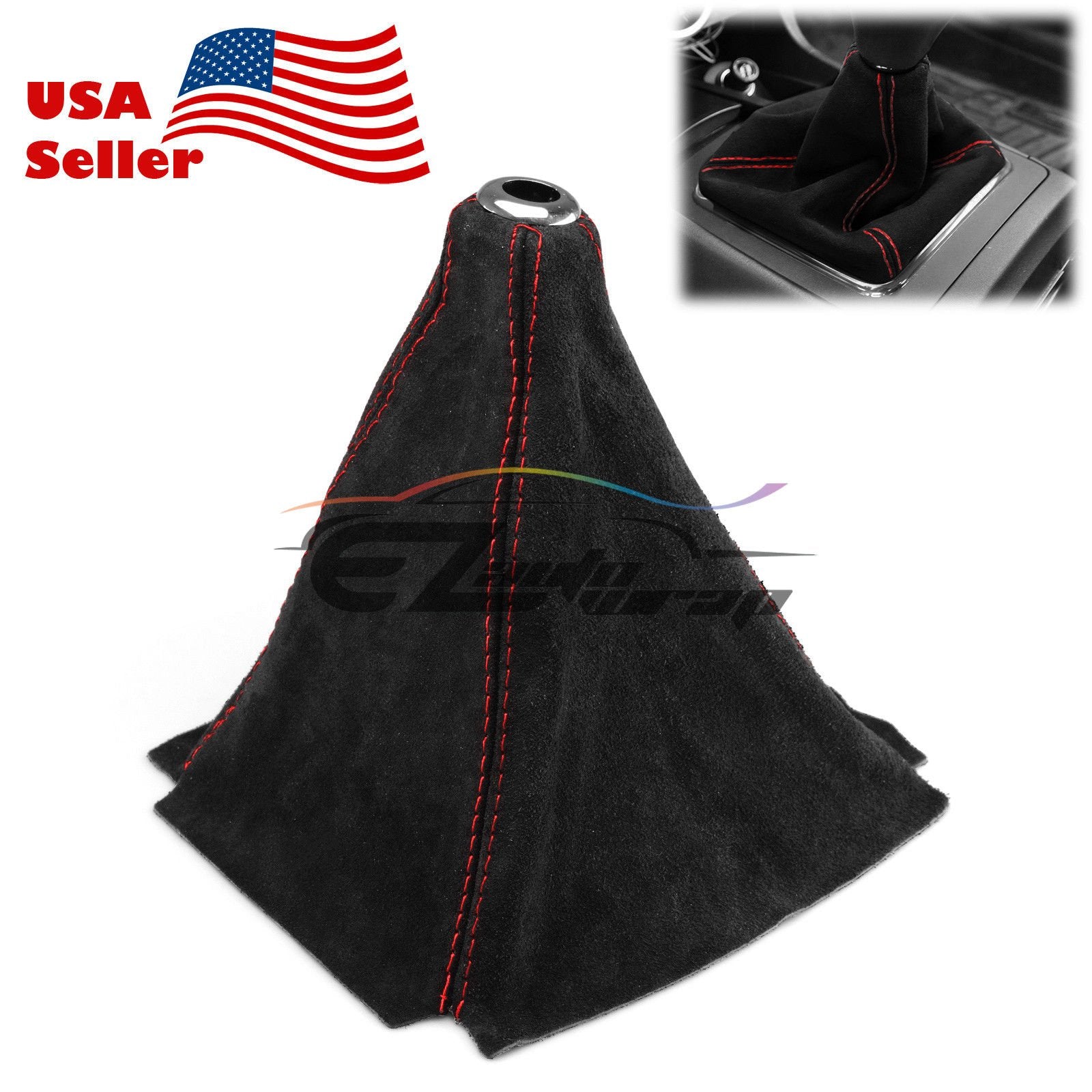Ezautowrap Universal Velvet Genuine Leather Shift Knob Shifter Boot Cover Black With Red Stitches Mt At Sport
