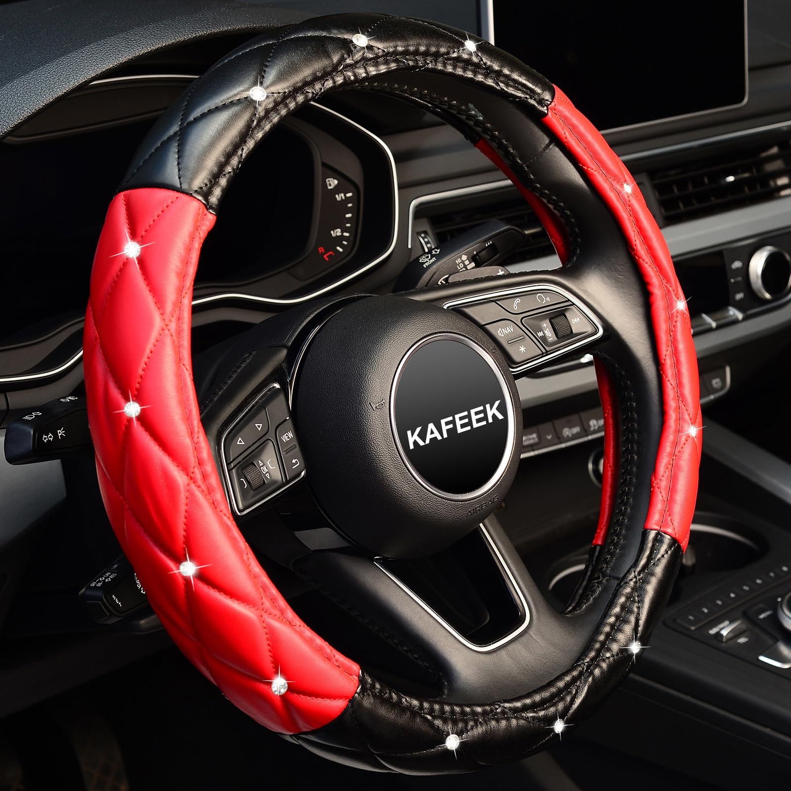 Kafeek Diamond Soft Leather Steering Wheel Cover With Bling Bling Crystal Rhinestones, Universal 15 Inch, Black Red