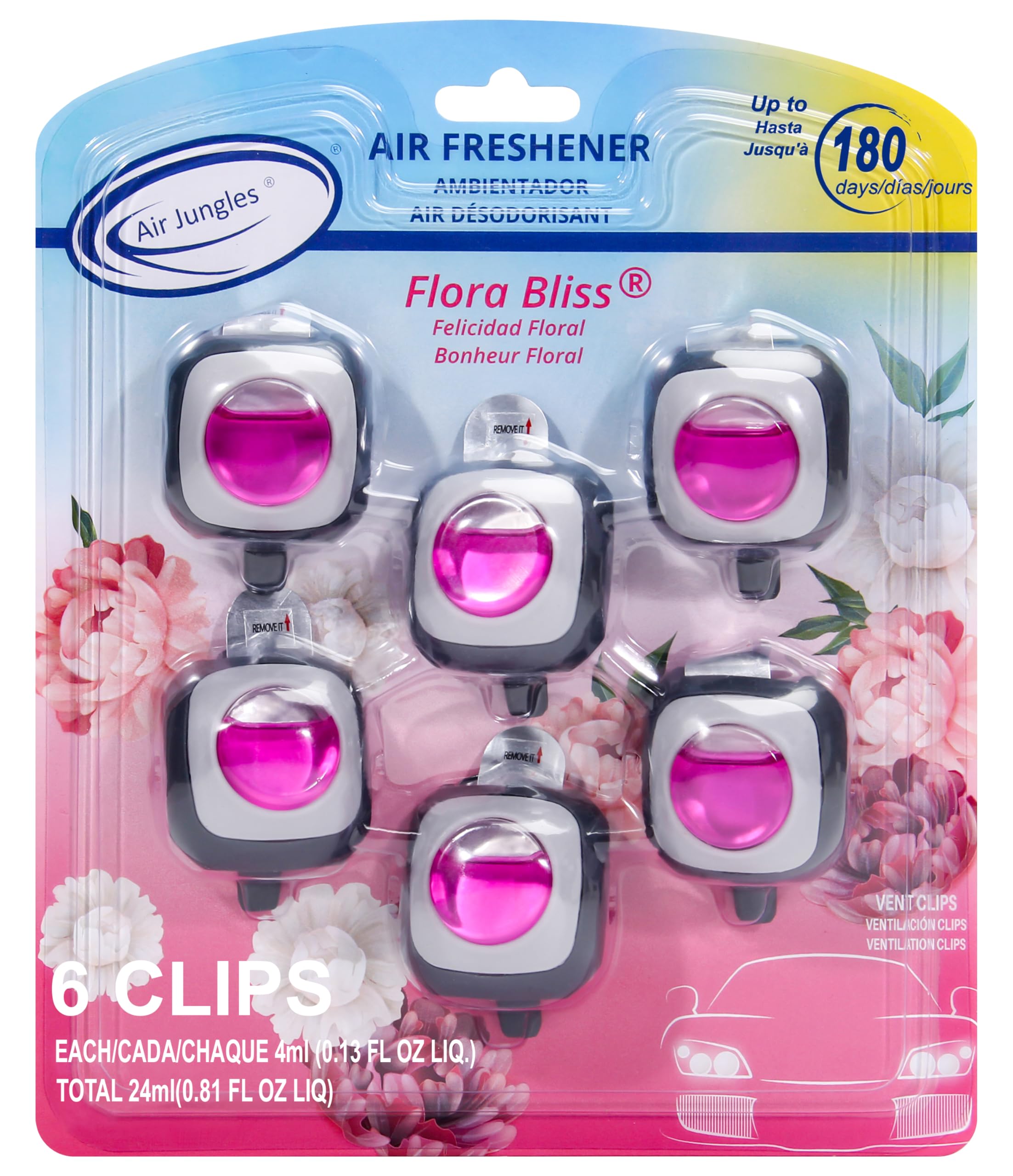 Air Jungles Flora Bliss Scent Car Air Freshener Clip, 6 Vent Clips, 4Ml Each, Long Lasting Air Freshener, Up To 180 Days Car Ref