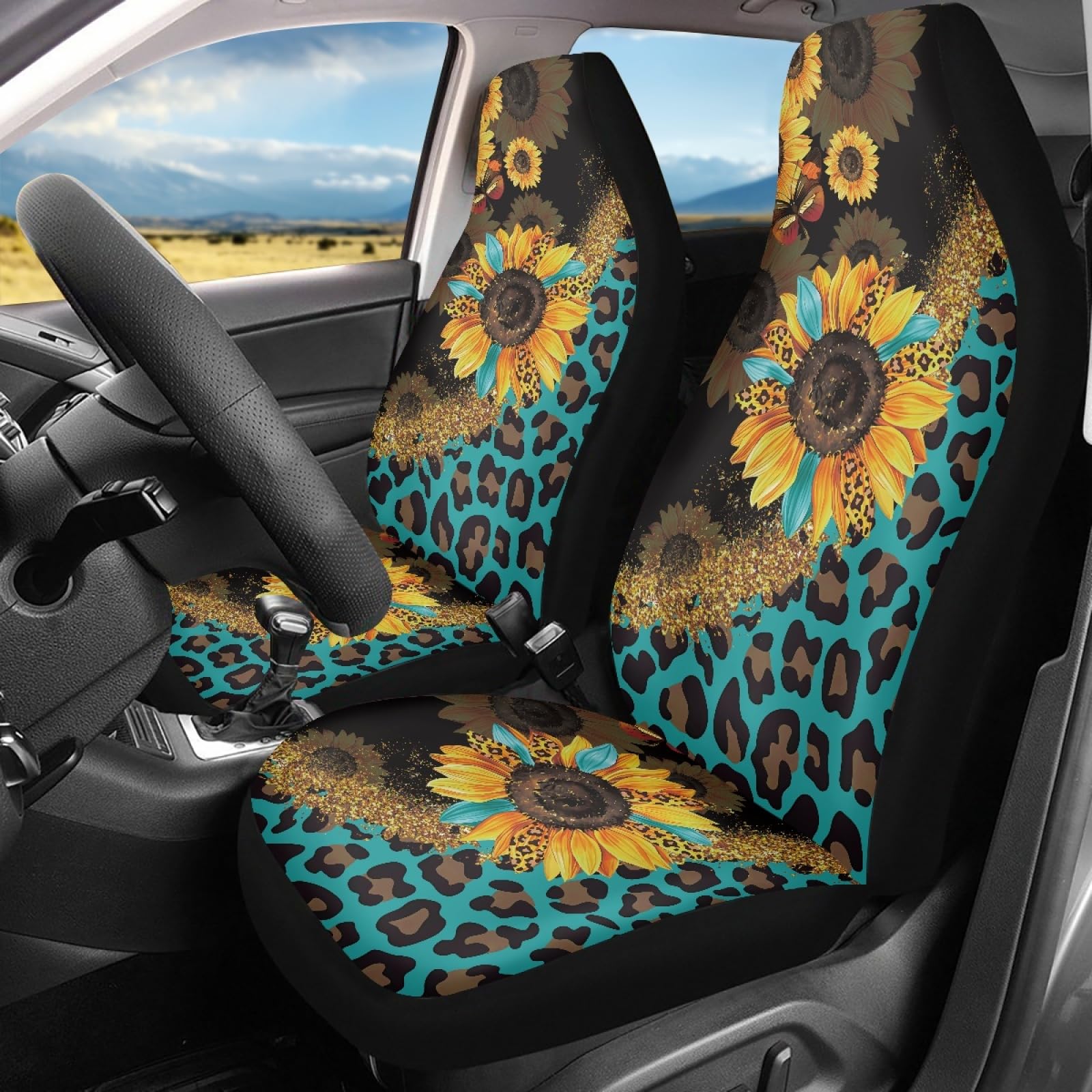 Wanyint Sunflower Leopard Print Blue Car Seat Cover Set of 2 Front Seats Only, Universal Soft Car Seat Protection for Men Women