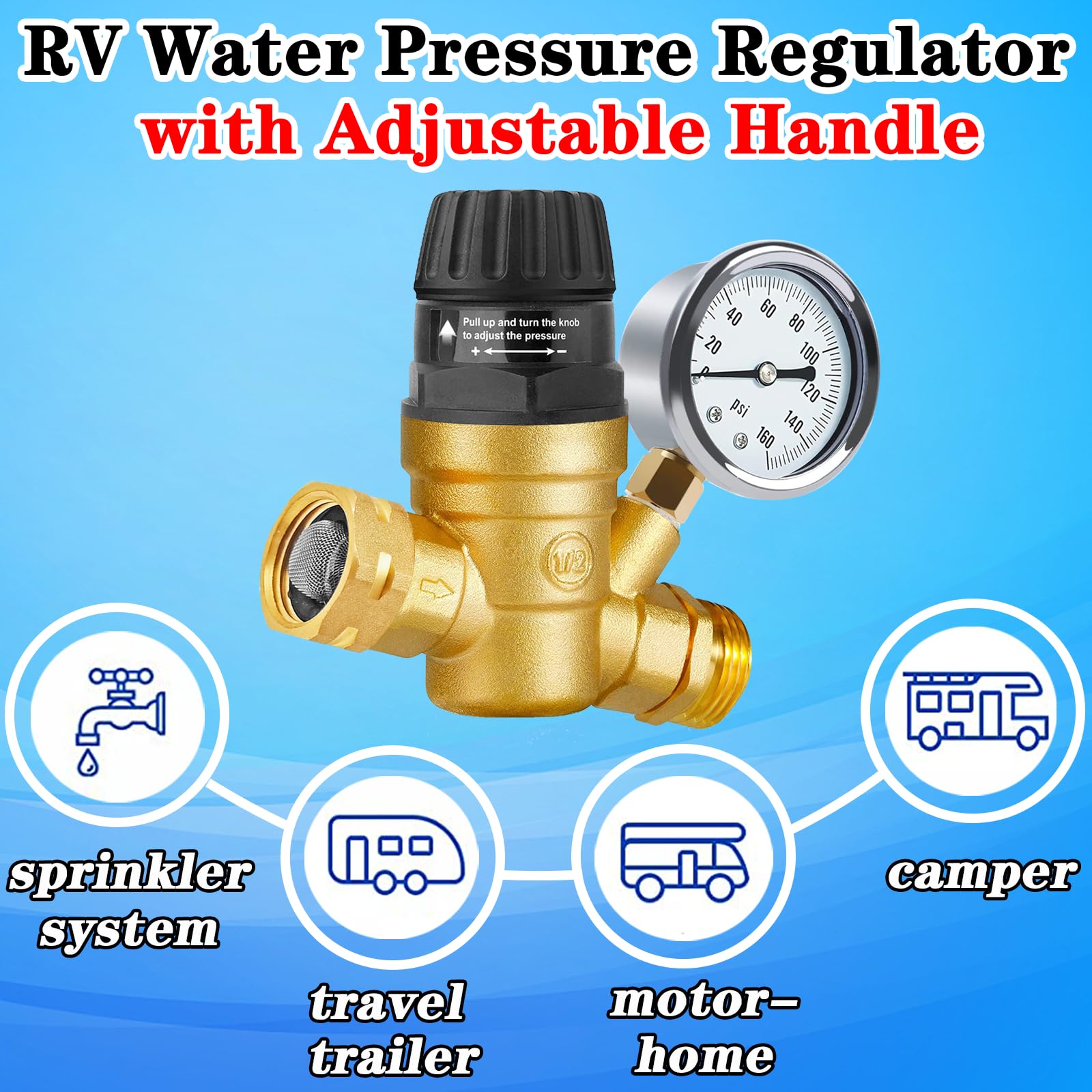 Rv Water Pressure Regulator With Adjustable Handle, Water Pressure Regulator For Rv Camper, Upgrade Water Pressure Reducer For R