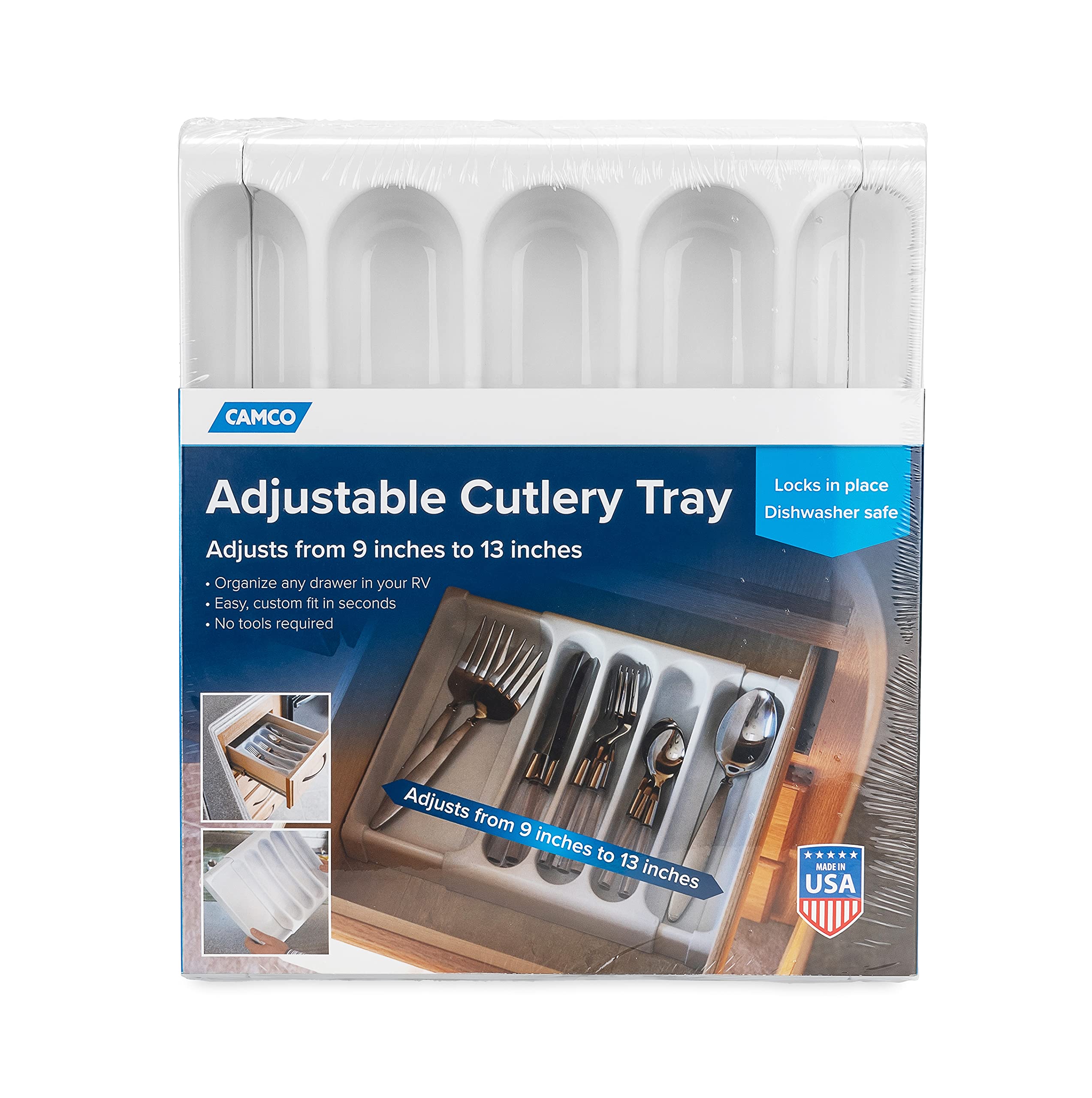 Camco Adjustable Cutlery Tray - Designed For Rv And Compact Kitchen Drawers, Adjusts Between 9" And 13" For An Easy Custom Fit -White (43503)