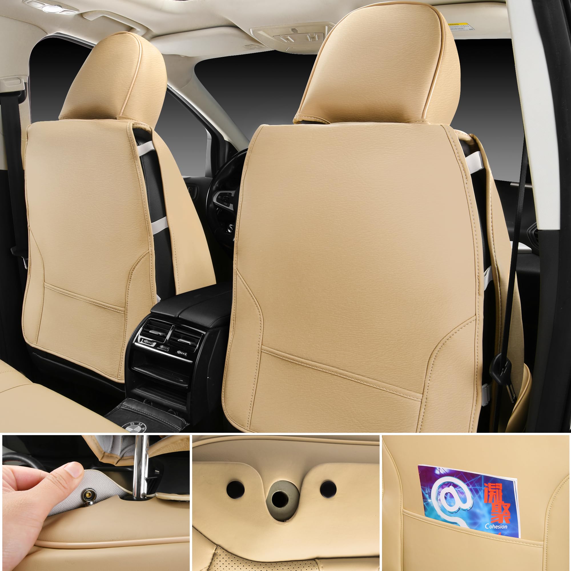 Car Pass Beige Leather Car Seat Covers, Breathable Waterproof Nappa Automotive Seat Covers Full Set, Anti-Slip Driver Seat Cushi