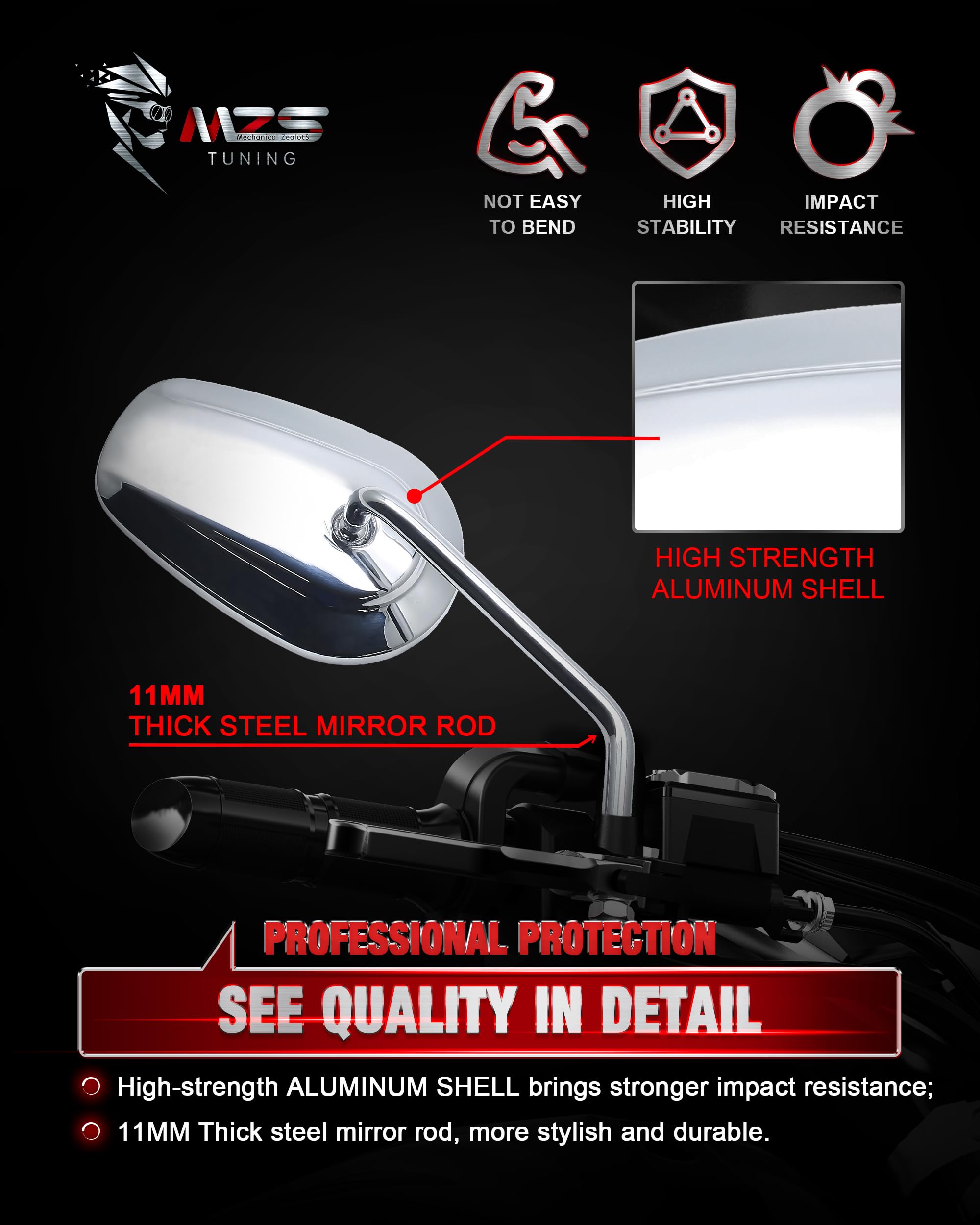 Mzs Motorcycle Mirrors Chrome, M8 Touring Rear View Side Mirror Heavy Aluminium Compatible With Dyna Softail Sportster 883 1200