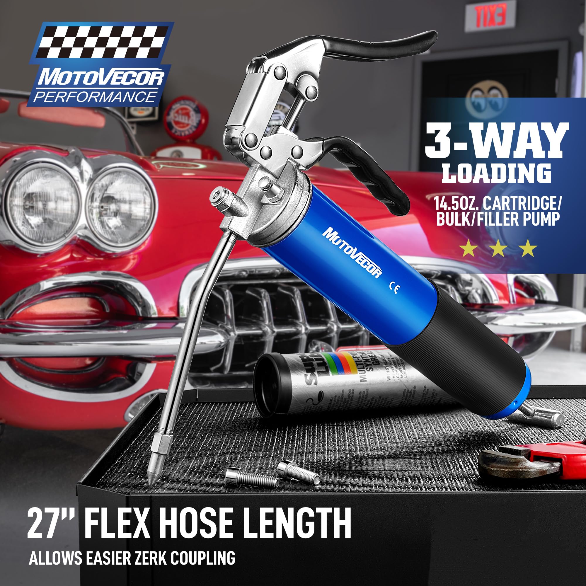 Steinbrcke High Performance Heavy Duty Pistol Grip Grease Gun With Nozzle - Extra-Long 27 Inch Heavy Duty Reinforced Flex Hose