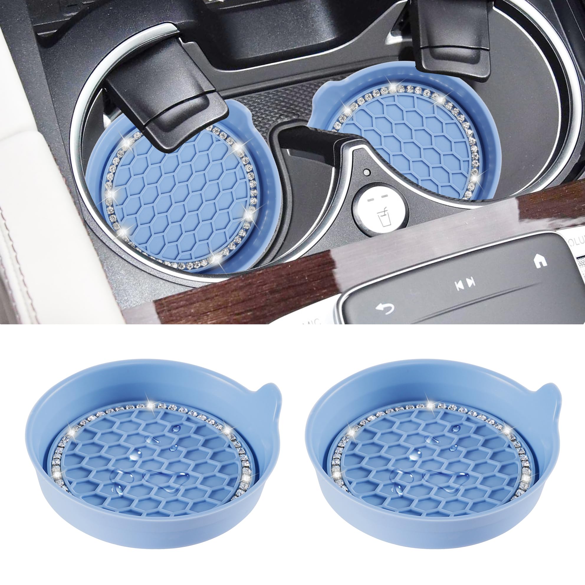 Amooca Car Cup Coaster Universal Non-Slip Cup Holders Bling Crystal Rhinestone Car Interior Accessories 2 Pack Gray Blue