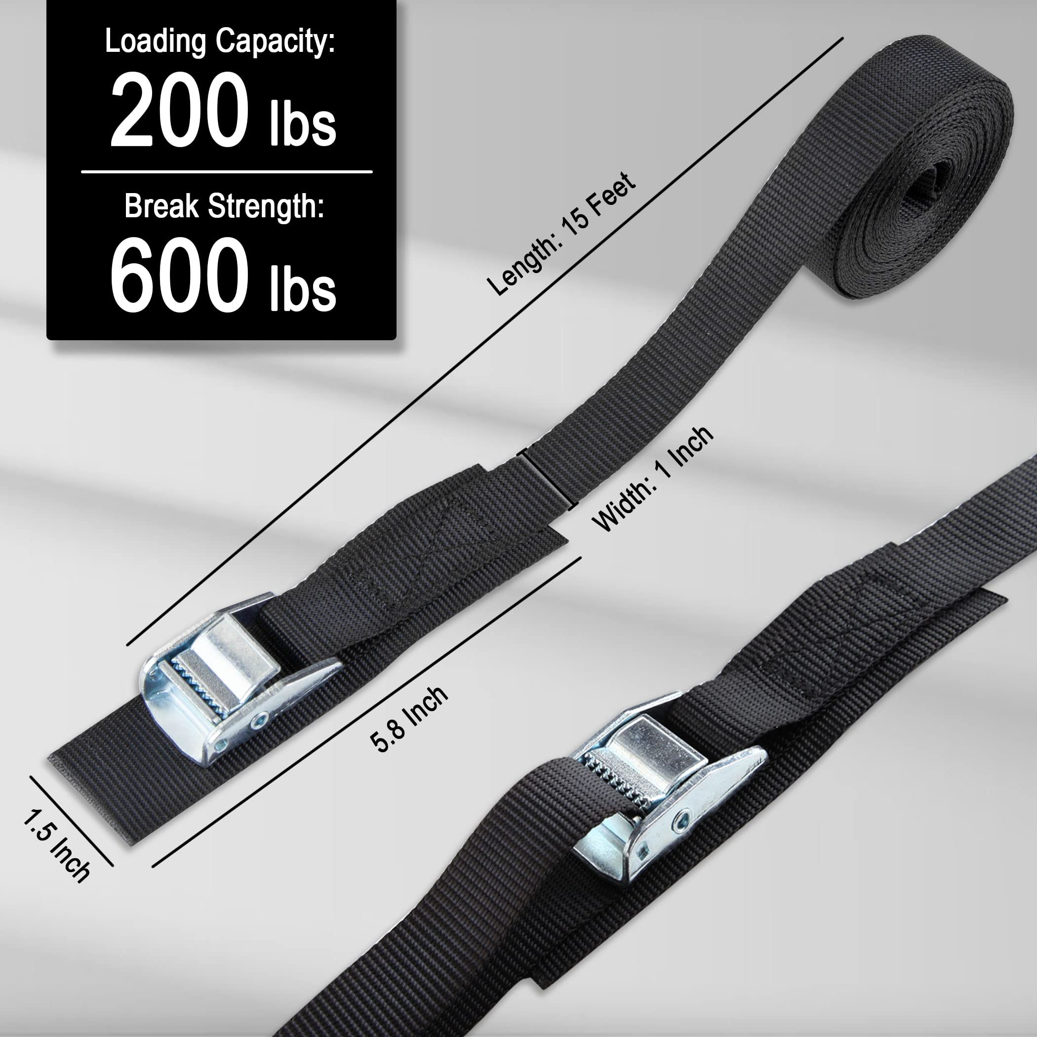 Cartman 1'' X 15'Lashing Straps With Adjustable Cam Buckle Cargo Tie Down With Protective Pad, 8 Pack, Black