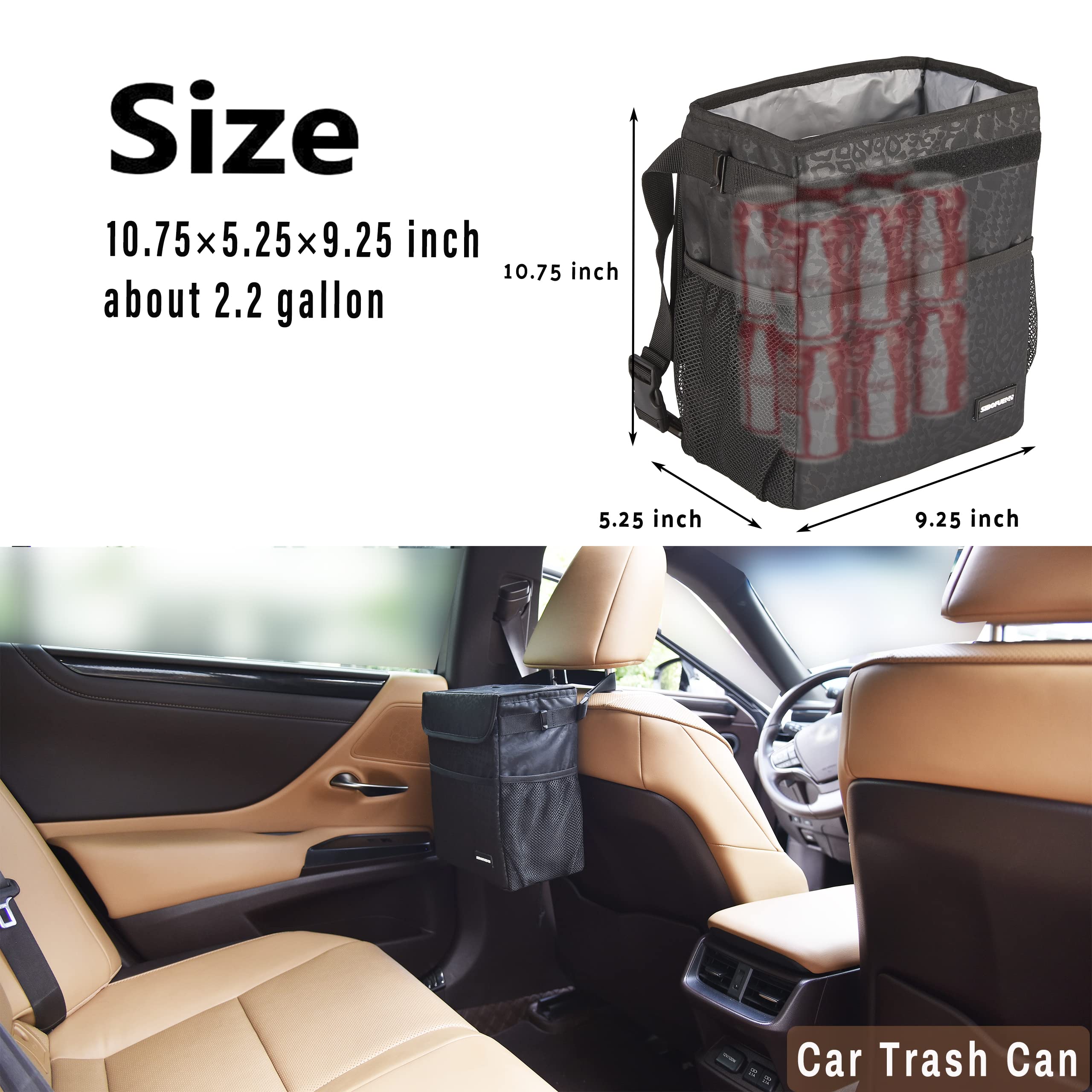 Sibofuego Cute Car Trash Can With Lid - Leak Proof Car Trash Bag Hanging Waterproof Car Garbage Can With Storage Pockets Multipurpose Collapsible Car Organizer, 2.5 Gallons (Black Leopard)