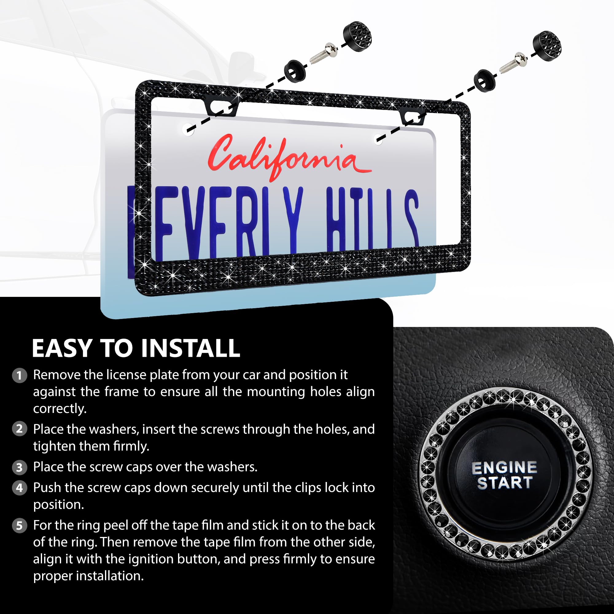 Motorfi 2 Pack Black Bling License Plate Frames For Women - Stainless Steel With Diamond Sparkly Rhinestone License Plate Holder
