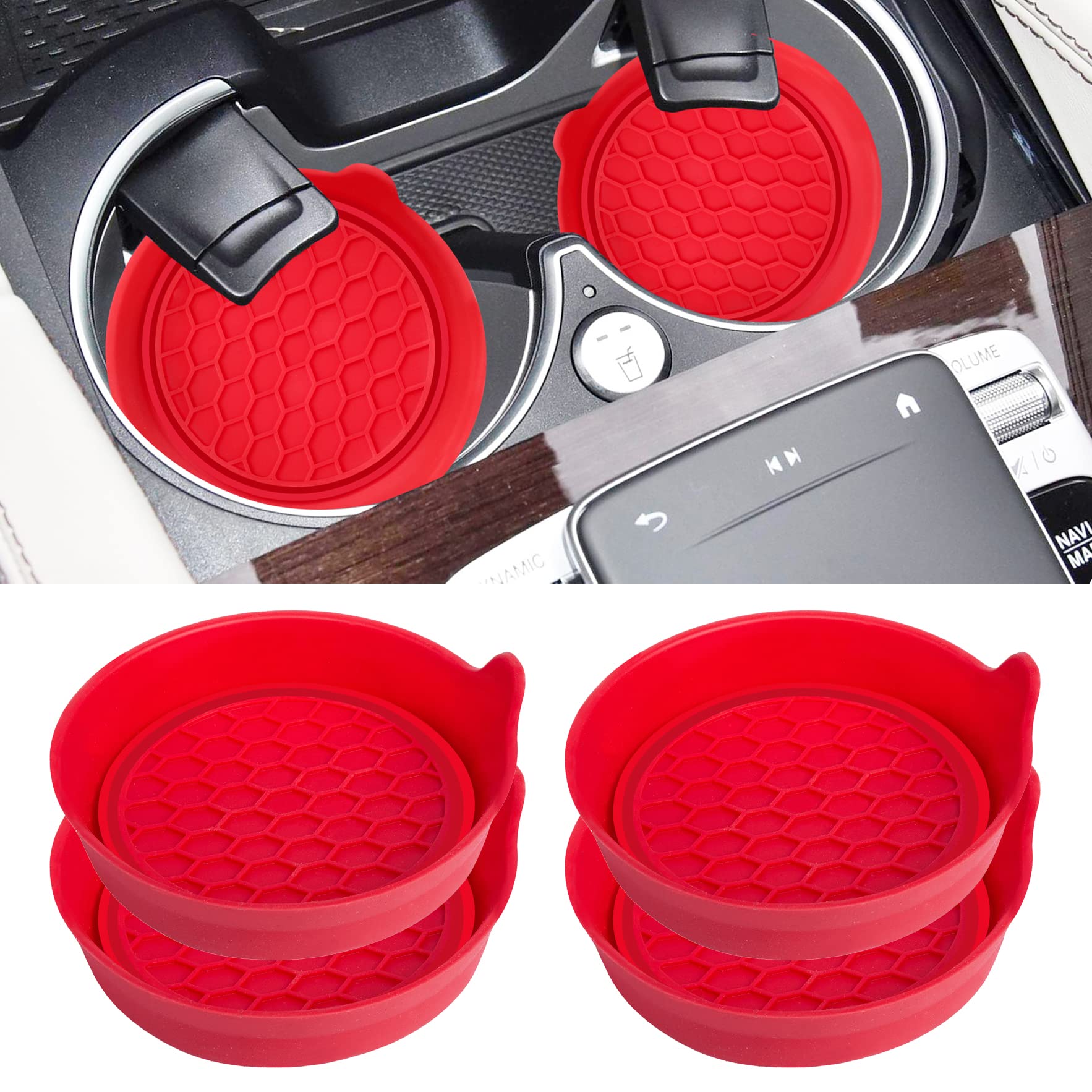 Amooca Car Cup Coaster Universal Automotive Waterproof Non-Slip Cup Holders Sift-Proof Spill Holder Car Interior Accessories 4 Pack Red