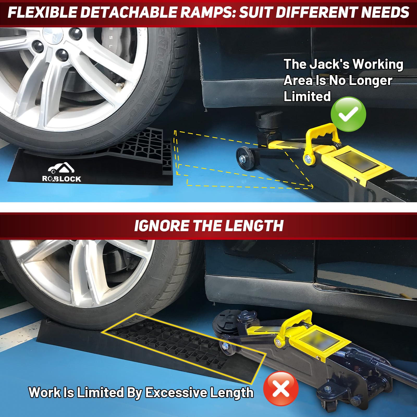 Roblock Removable Low Profile Car Ramps For Jack Support And High Lift, Heavy Duty Car Ramps For Low Cars, Detachable Vehicle Ra