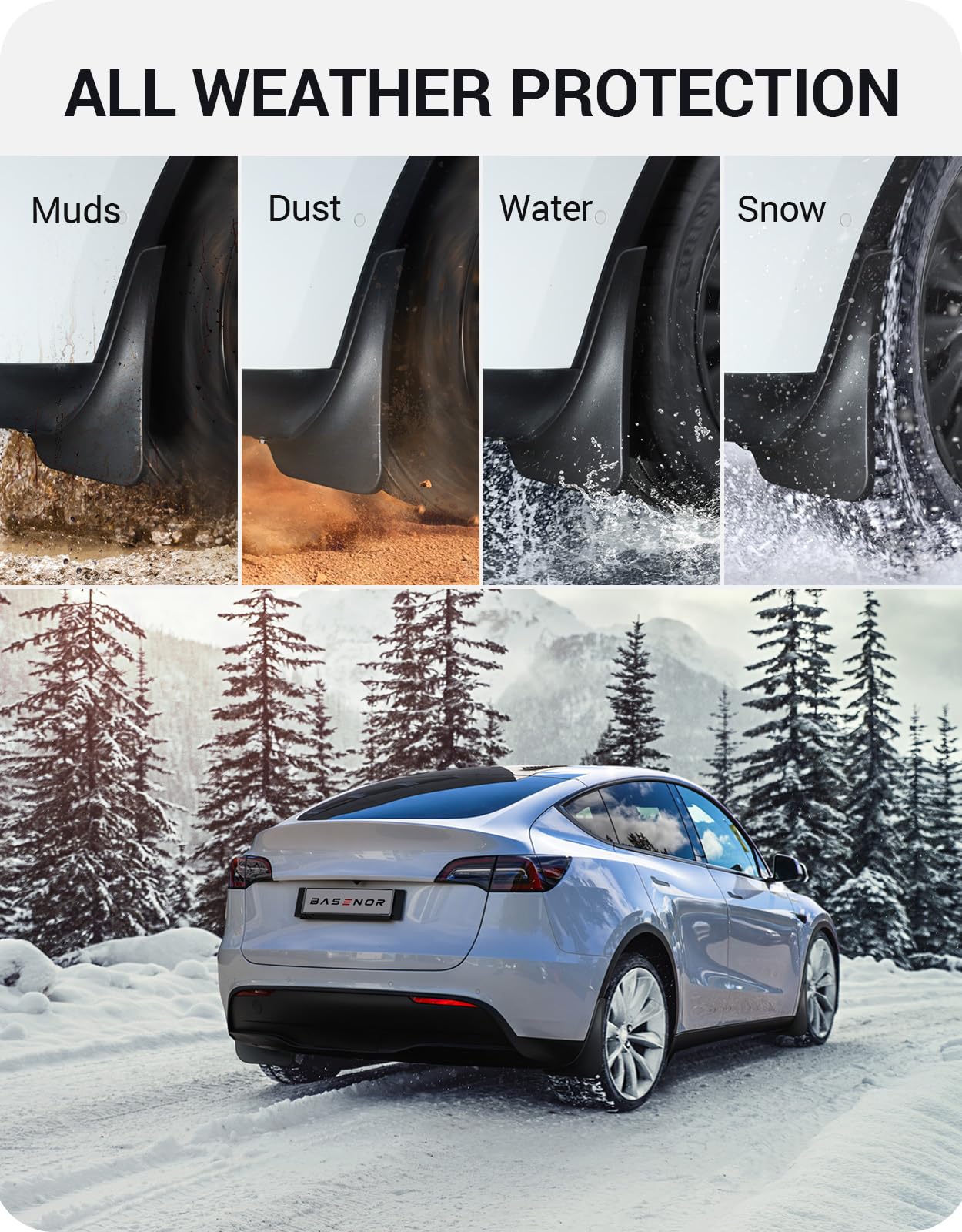 Basenor 2024 Upgraded Tesla Model Y Mud Flaps Splash Guards Vehicle Sediment Protection No Drilling No Tape Mudflaps Tire Protec