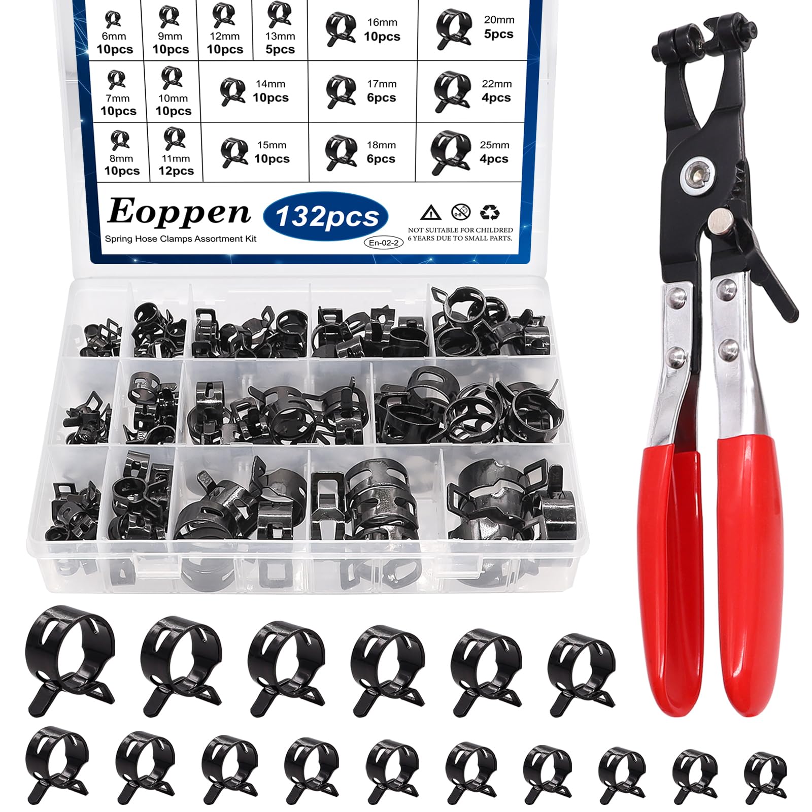 Eoppen 132Pcs 6-25Mm Spring Hose Clamps Assortment Kit With Swivel Flat Band Fuel Hose Clamp Plier - 16 Sizes Fuel Line Silicone