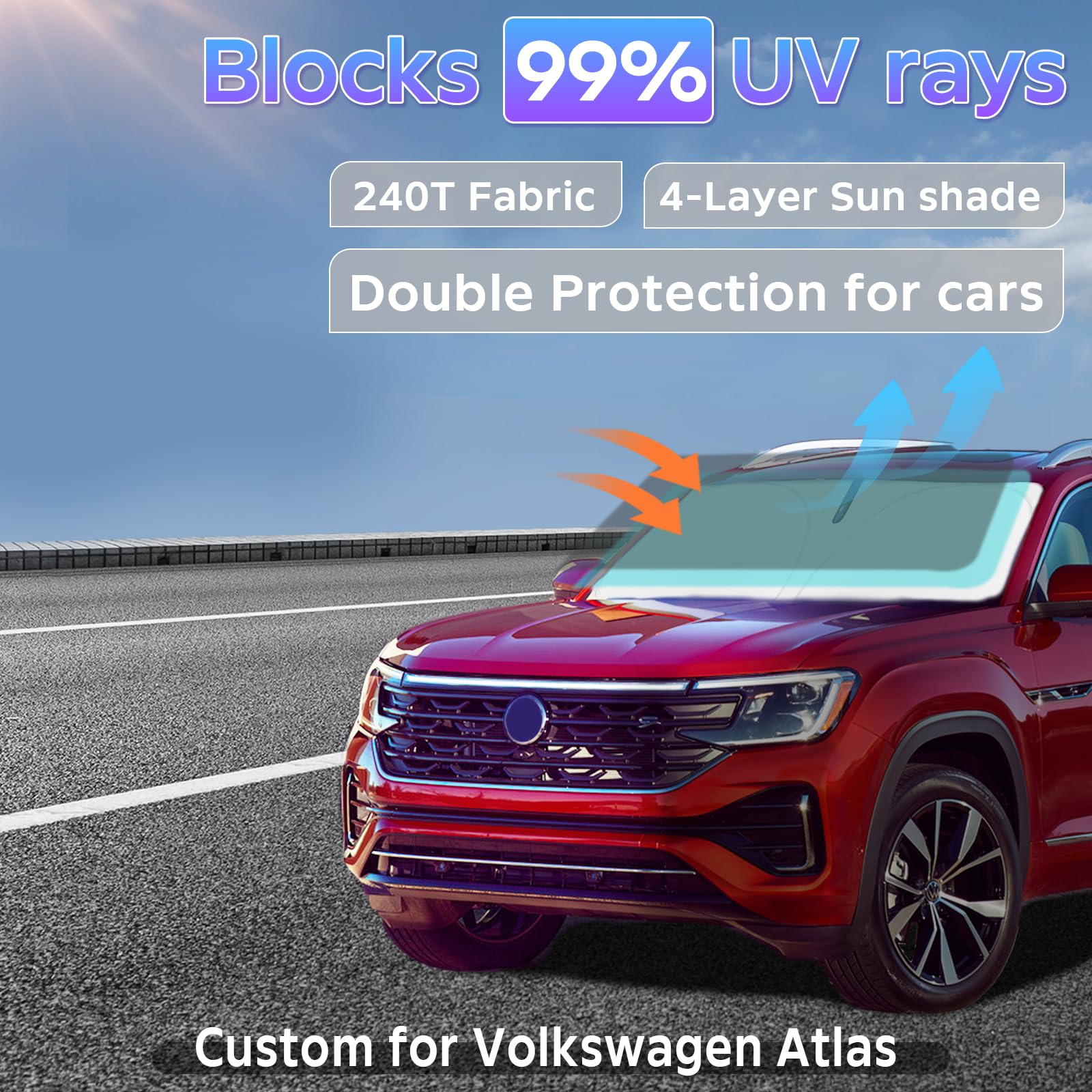 Sun Shade Sunshade For Volkswagen Atlas 2018-2024 2025 Windshield Cover, 2-Layers Sun Shield 240T Silver Coating Sun Visor For V
