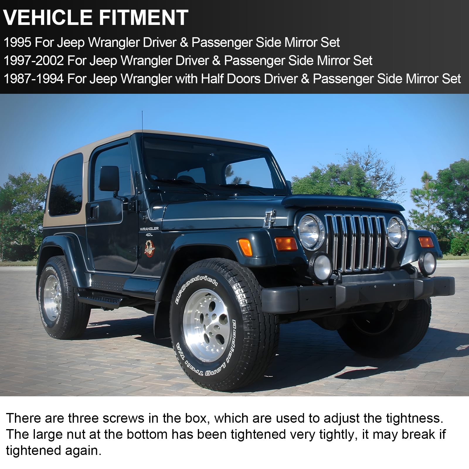 Passenger+Driver Side View Mirror Black Pair Side Mirror Replacement Fit For 1987 1988 1989 1990 1991 1992 1993 1994 1995 1997 1998 1999 2000 2001 2002 For Jeep Wrangler With Manual Folding