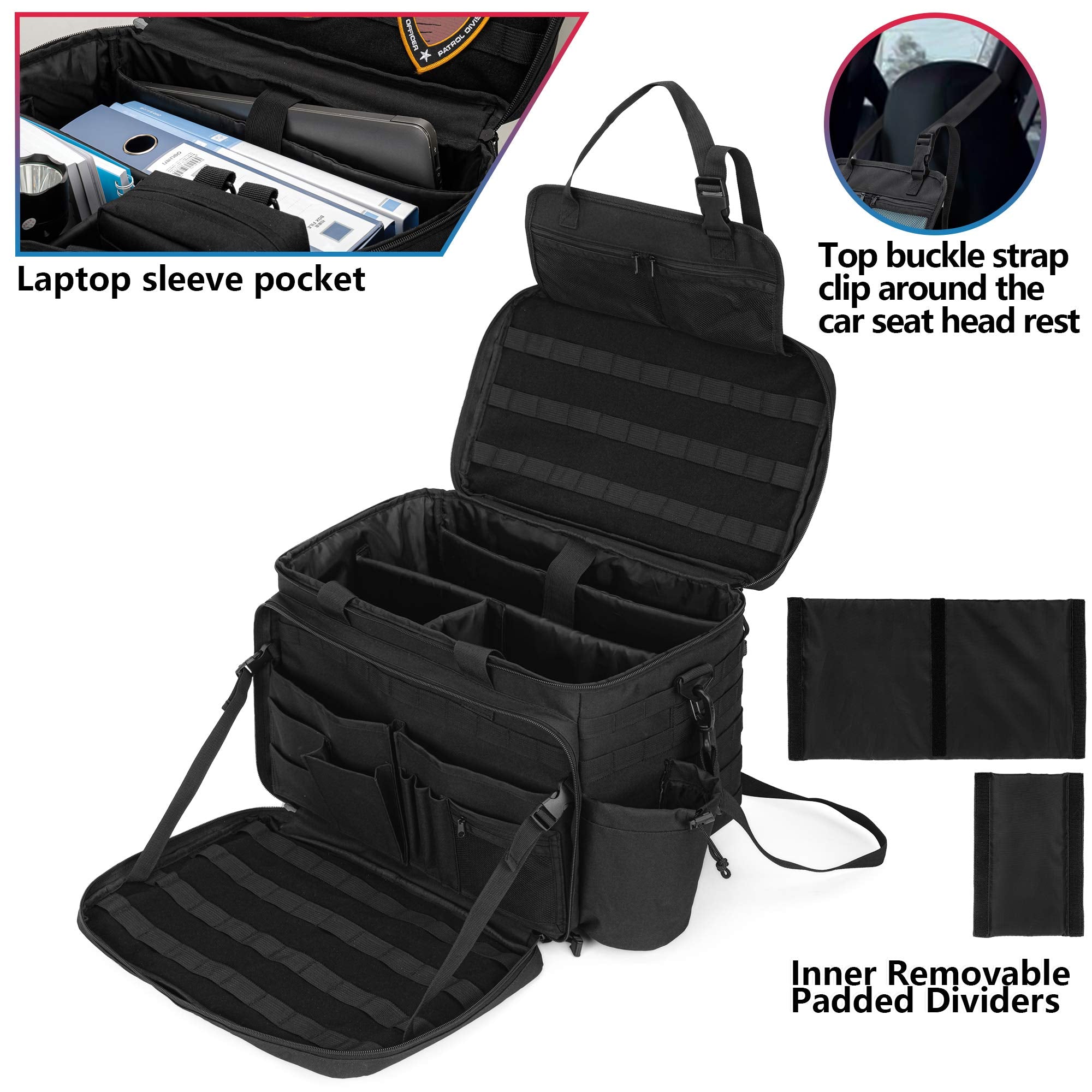 Trunab Patrol Bag, Police Gear Bag, Car Front Seat Organizer For Law Enforcement With Compartment For Up To 15.6” Laptop, Drinks Holder, Molle Compatible, Fits Vehicle Passenger Seat