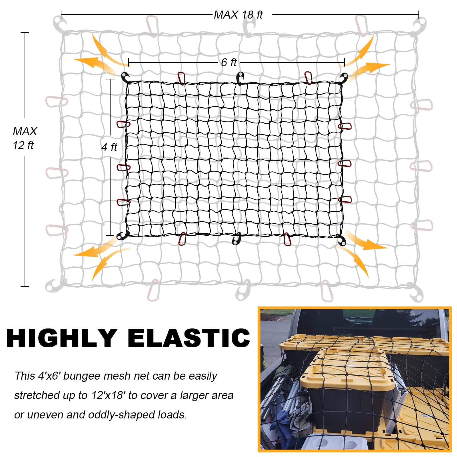 Gspscn Cargo Net 4 ' X 6 ' For Truck Pickup Bed, Trailer,Boat,Rv Suv Stretches To 12 'X18 ' Max Roof Rack Net,Small 4   X4    Me