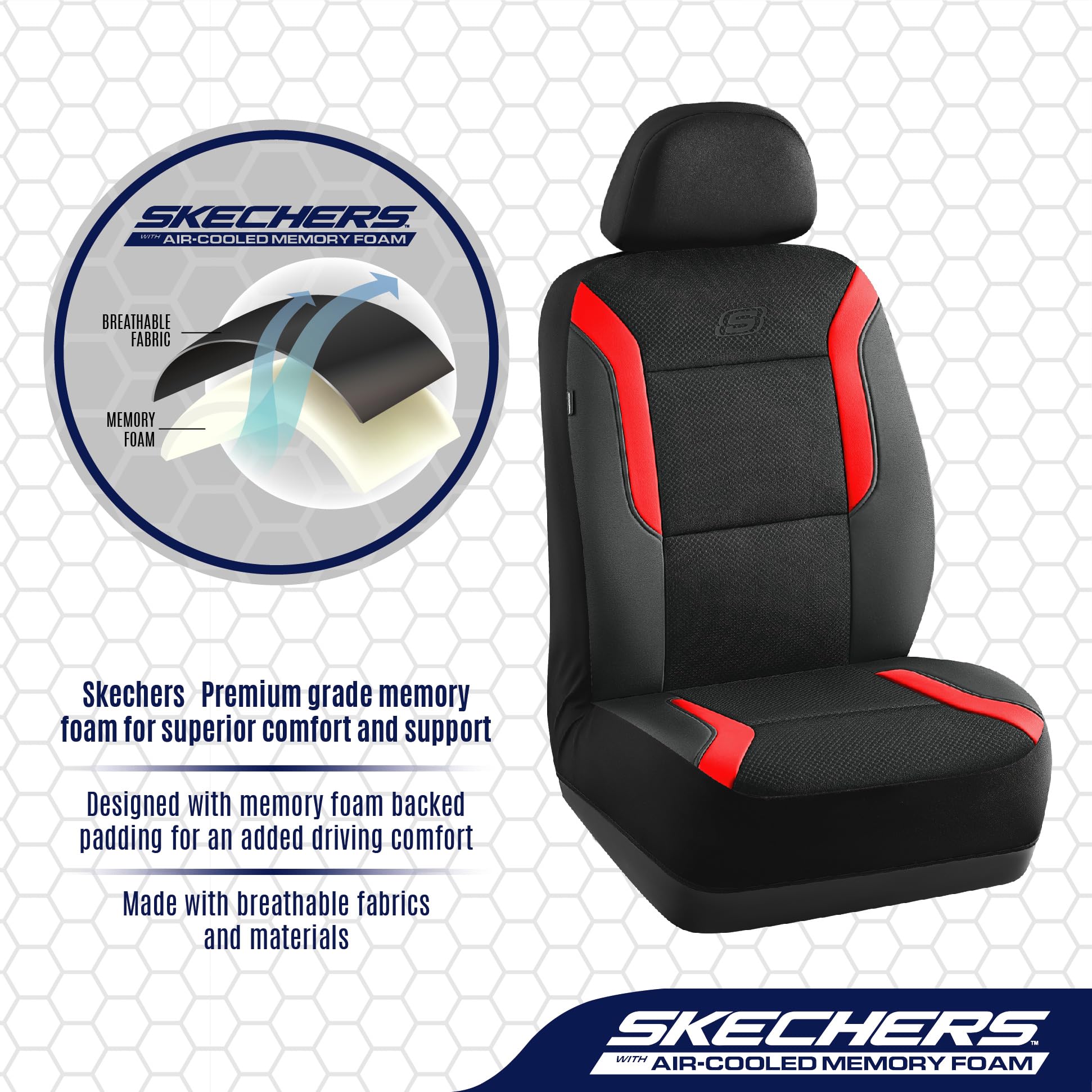 Skechers Memory Foam Car Seat Covers, Air Cool Mesh Thick Seat Covers, Car Seat Protector Full Sets, Airbag Compatible, Automoti