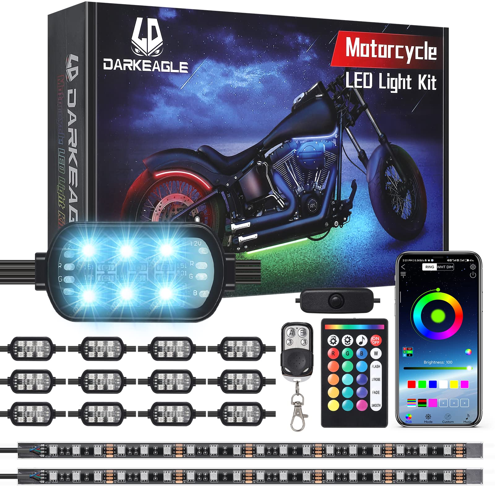 Ld Darkeagle 14Pcs Motorcycle Rgb Led Lights Kit With Brake Turn Signal, Motorcycle Led Underglow Kit With App/Rf Remote Control