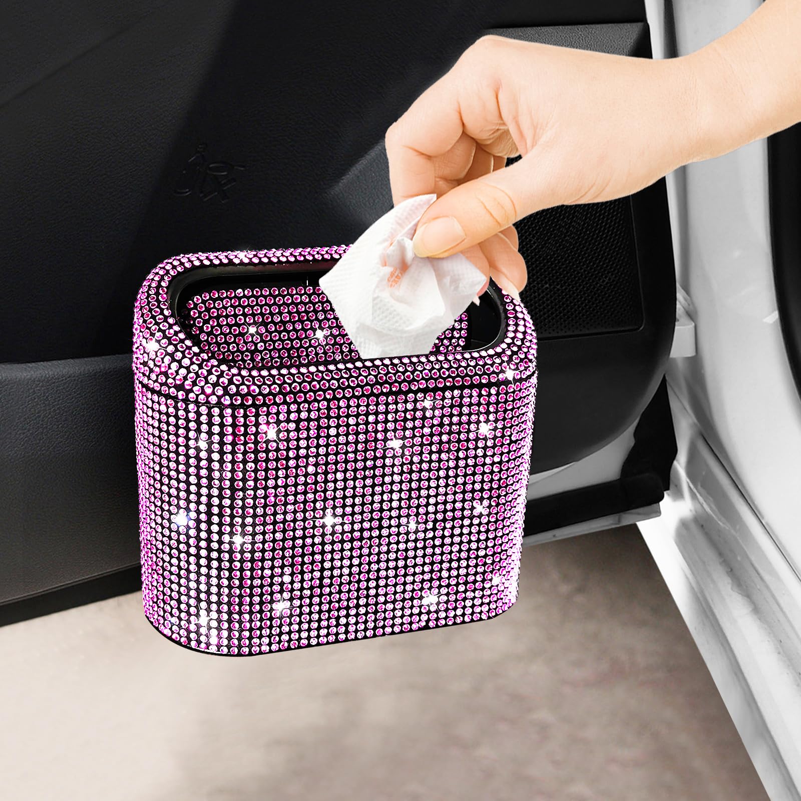 Accmor Bling Car Trash Can With Lid, Vehicle Trash Bin Car Dustbin Garbage Organizer Storage, Sparkling Crystal Mini Auto Trash