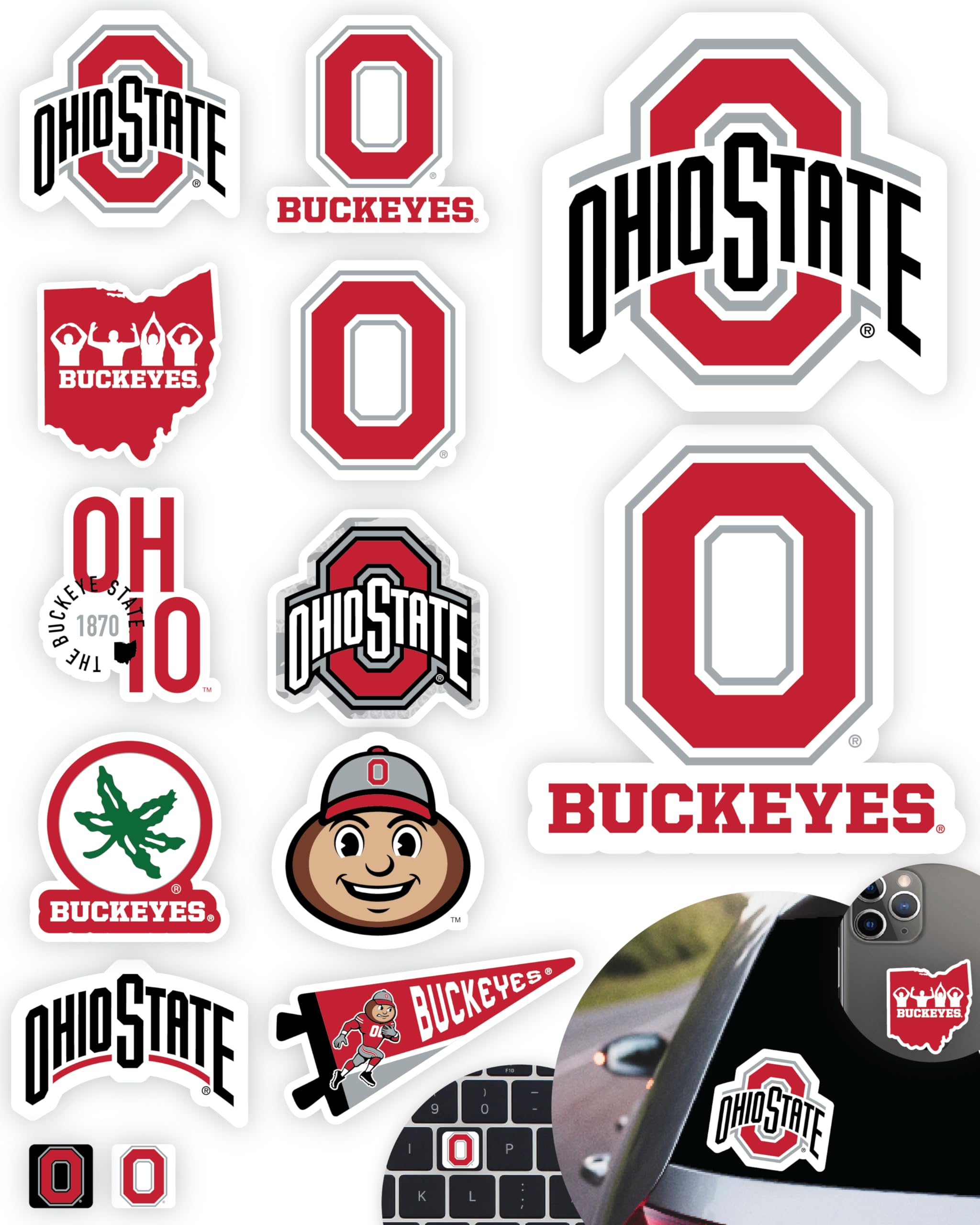 Ohio State Stickers (14 Stickers) 2 Large 5'' For Car Windows 10 Medium 2.5'' For Water Bottles Laptops Phones And 2 Mini Keyboa