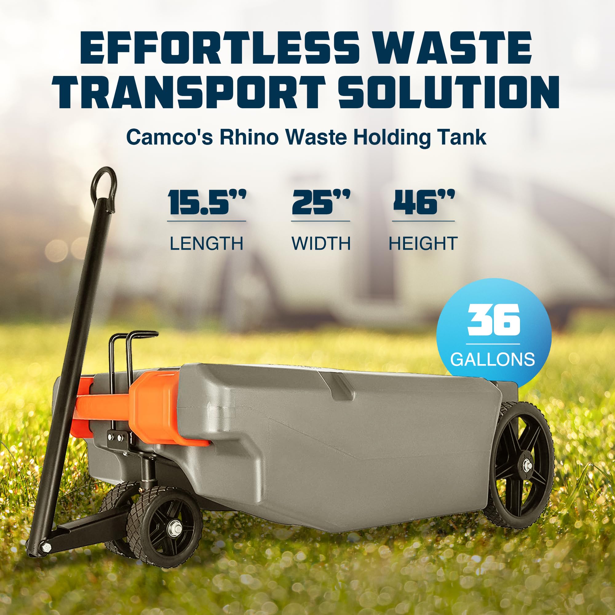 Camco Rhino 36-Gallon Camper / RV Portable Waste Tank - Features 2 Steerable No-Flat Front Wheels & Built-In Gate Valve - w/ Rem