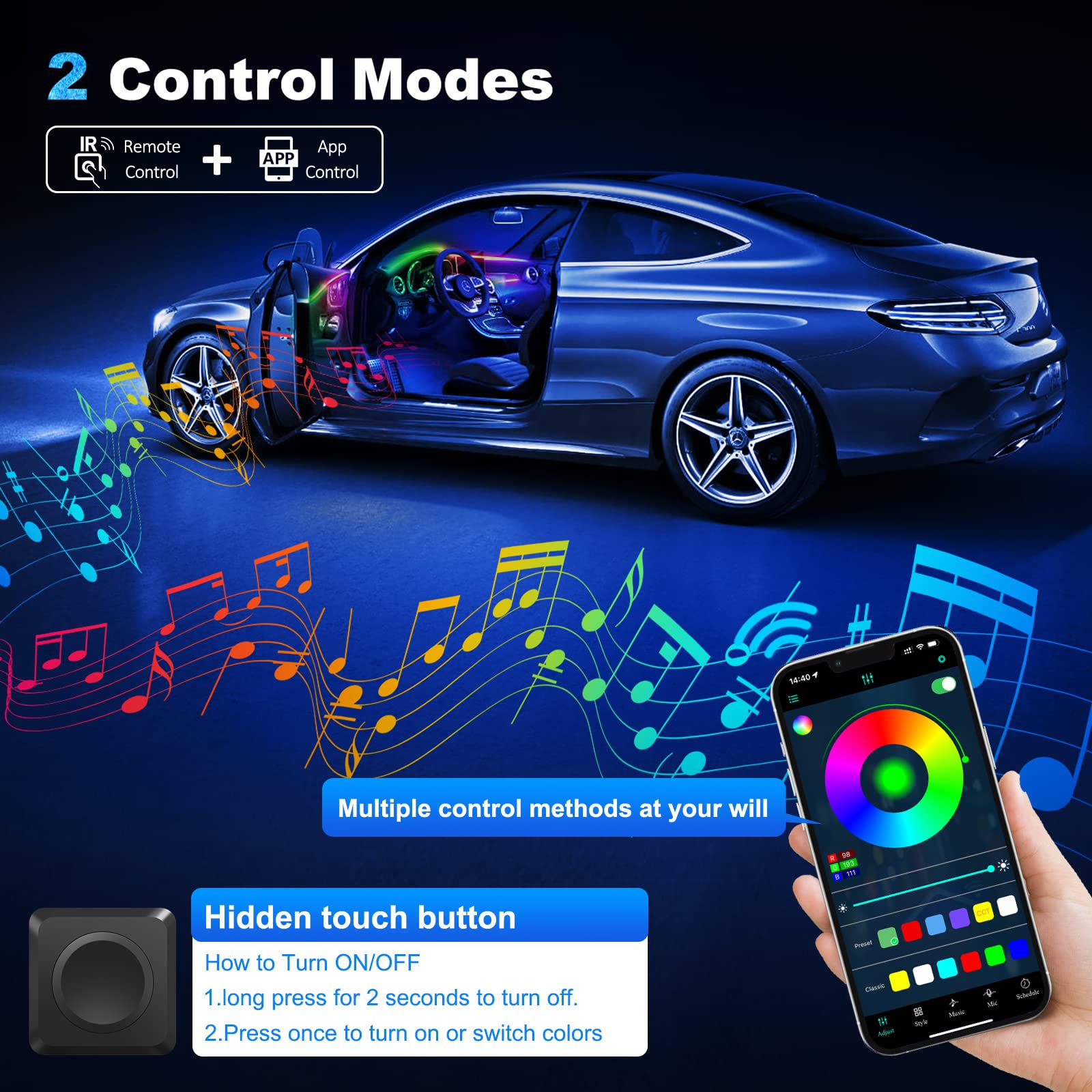 Acrylic Interior Car Led Strip Light With Wireless App, Rgb 22 In 1 With 175 Inches 593 Leds Fiber Optic Ambient Lighting Kits,