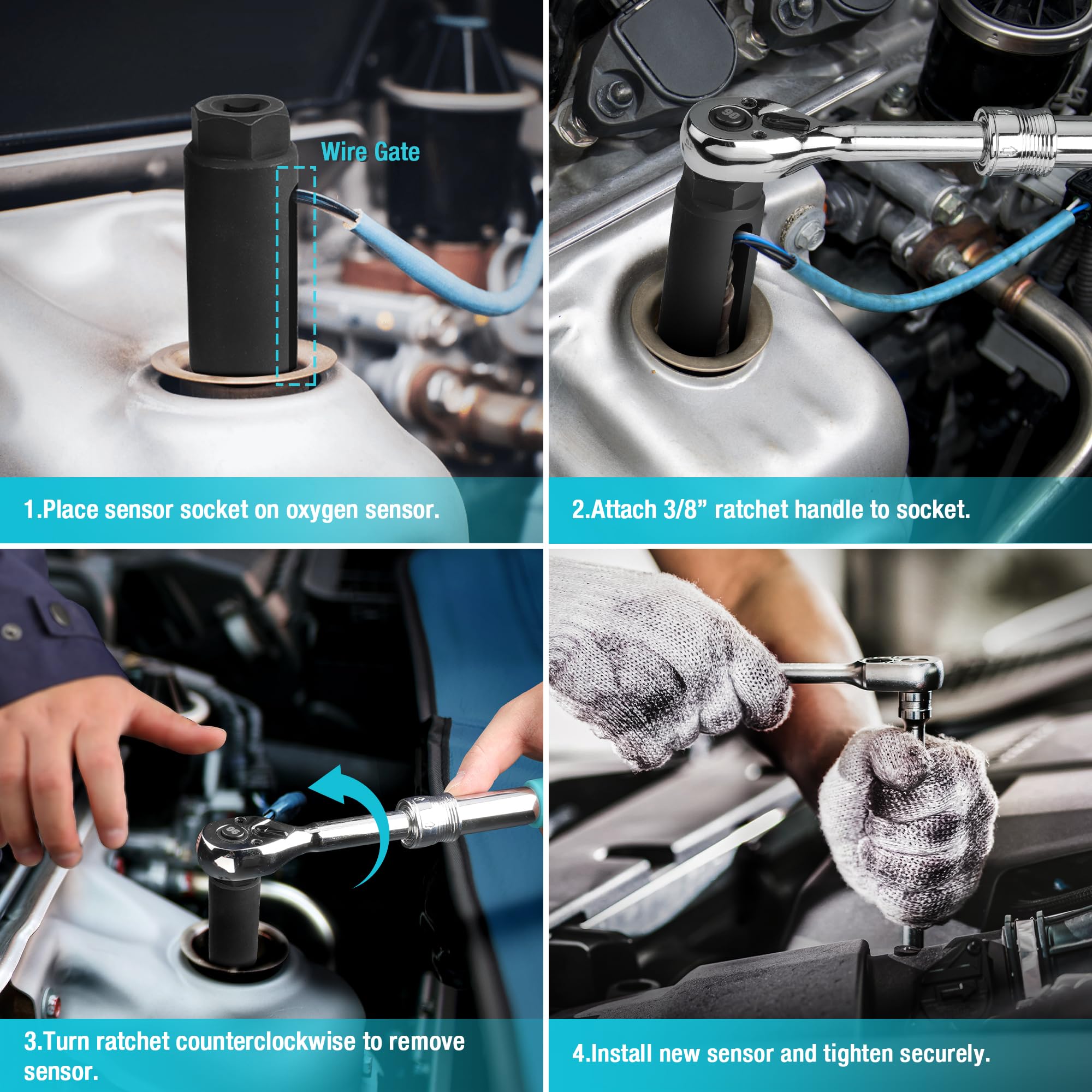 Duratech O2 Oxygen Sensor Socket 3/8'' Drive X 7/8''(22Mm), Oxygen Sensor Remover Tool Chrome-Vanadium Steel With Side Wire Gate