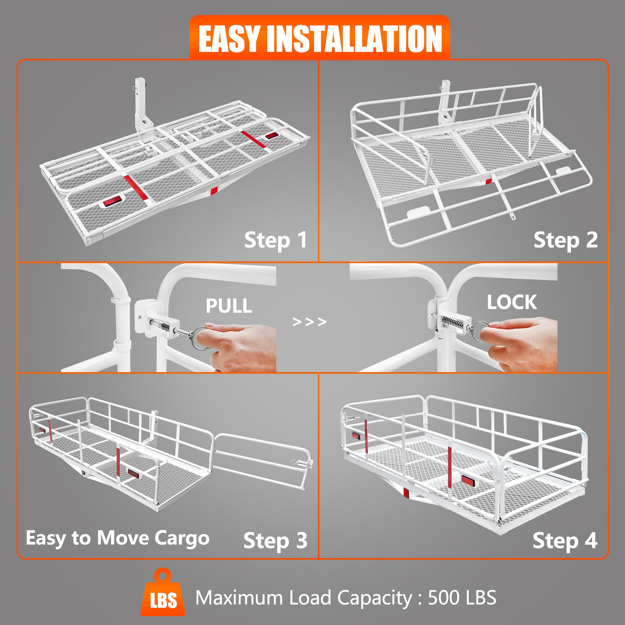 Kairay 500 Lbs Heavy Duty Hitch Mount Cargo Carrier 60'' X 24'' X 14.4'' Folding Cargo Rack Rear Luggage Basket Fits 2'' Receive