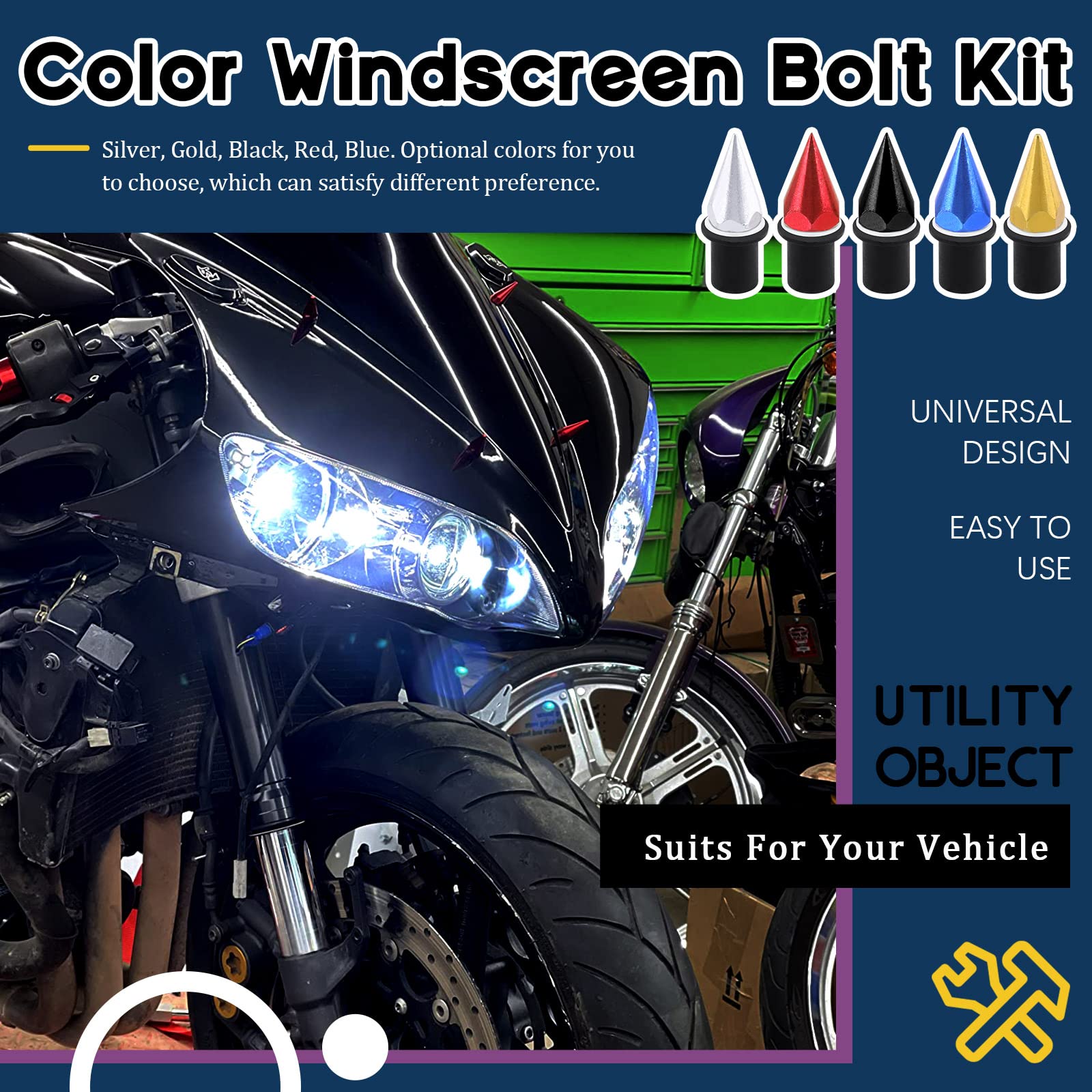 Swpeet 15Pcs Windshield Screws Aluminum Spike Motorcycle Windscreen Bolts Kit, Motorcycle Spike Bolt Screw Short Impaler Compatible With Most Motorcycle Modification Accessorie (Black)