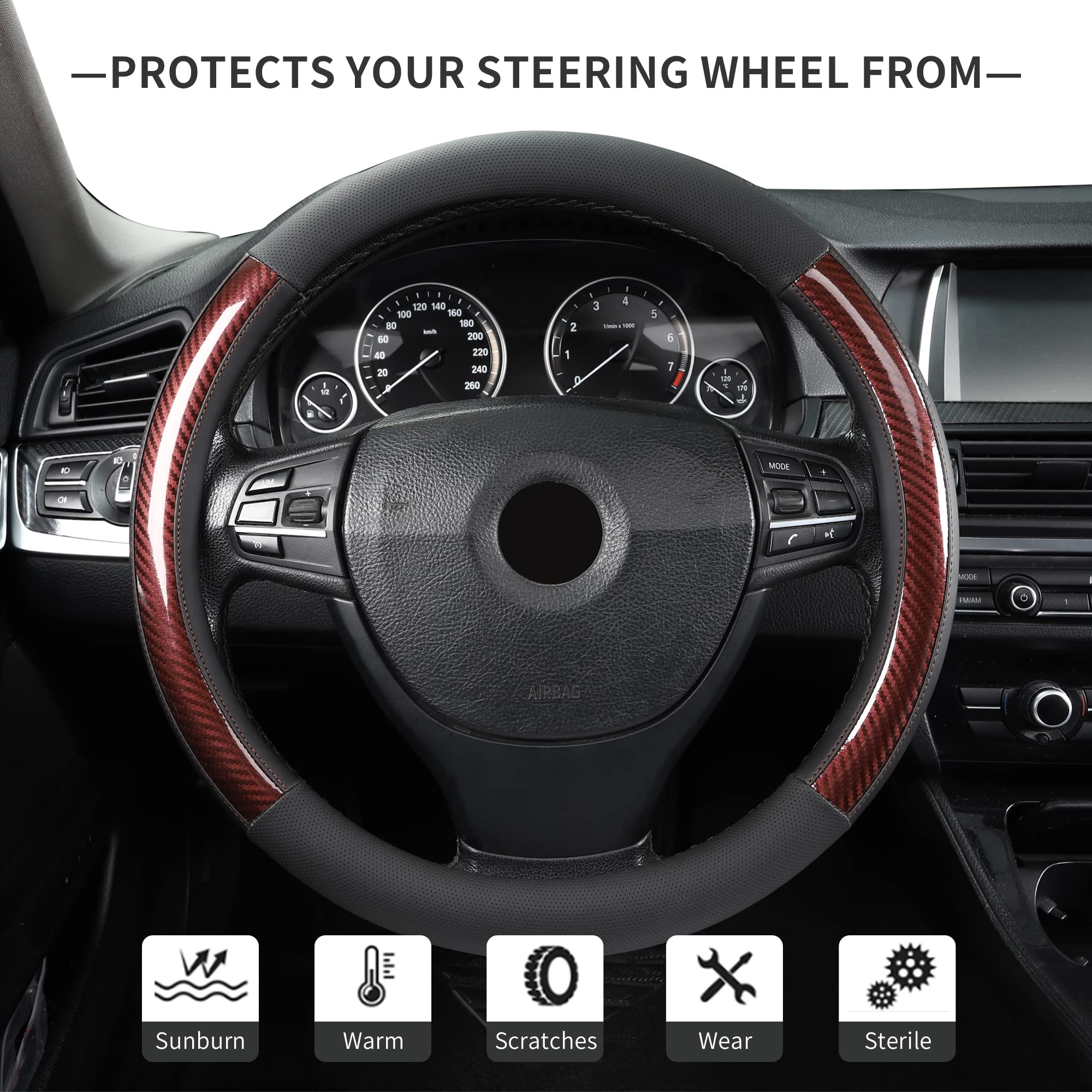 Microfiber Leather 15' Universal Fit Car Steering Wheel Cover, Elastic Nonslip Breathable And Odorless, Black & Brown