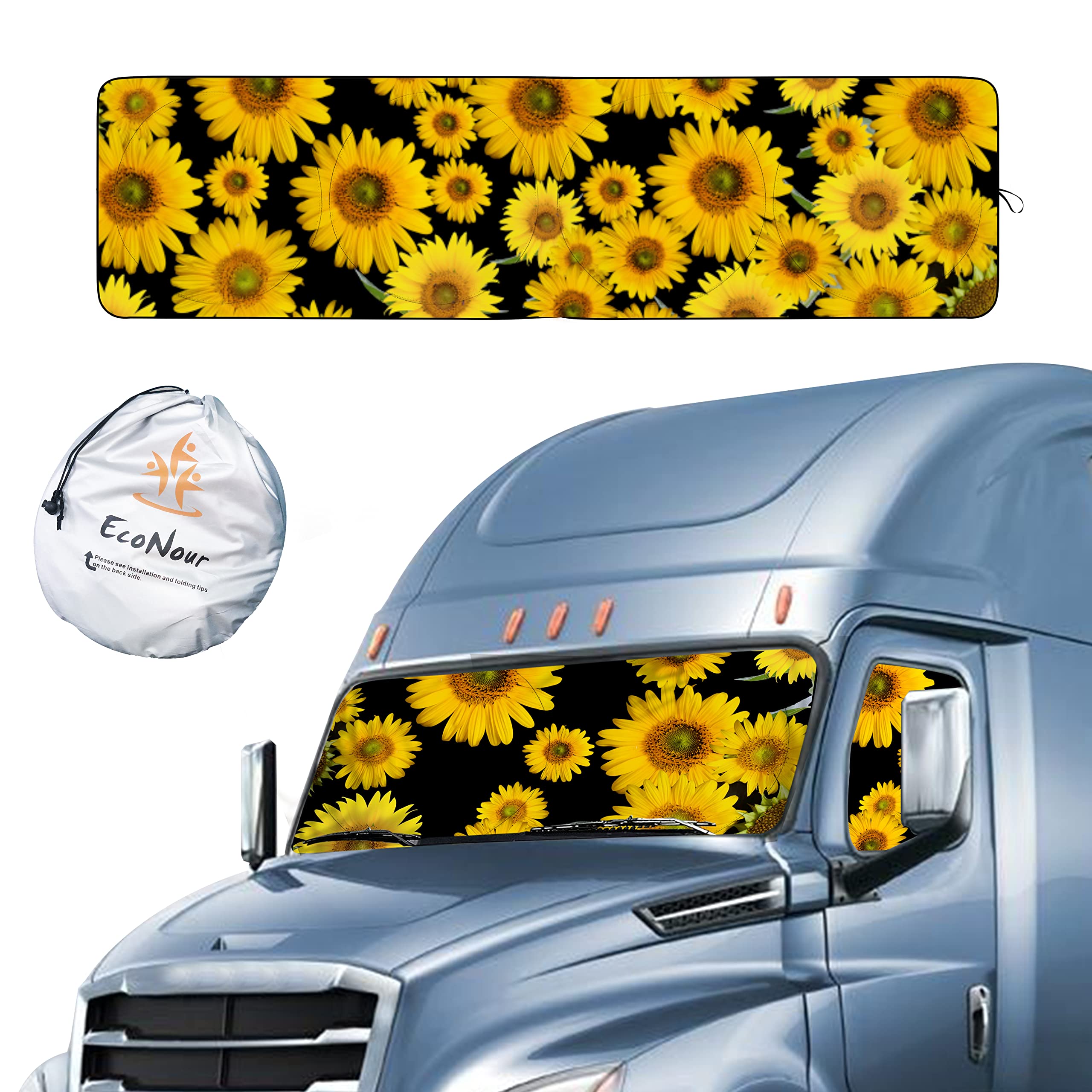 Econour Semi-Truck Sunflower Printed Sun Shade For Windshield | 240T Sunshade For Truck Windshield To Block Uv/Sun Heat Rays | B