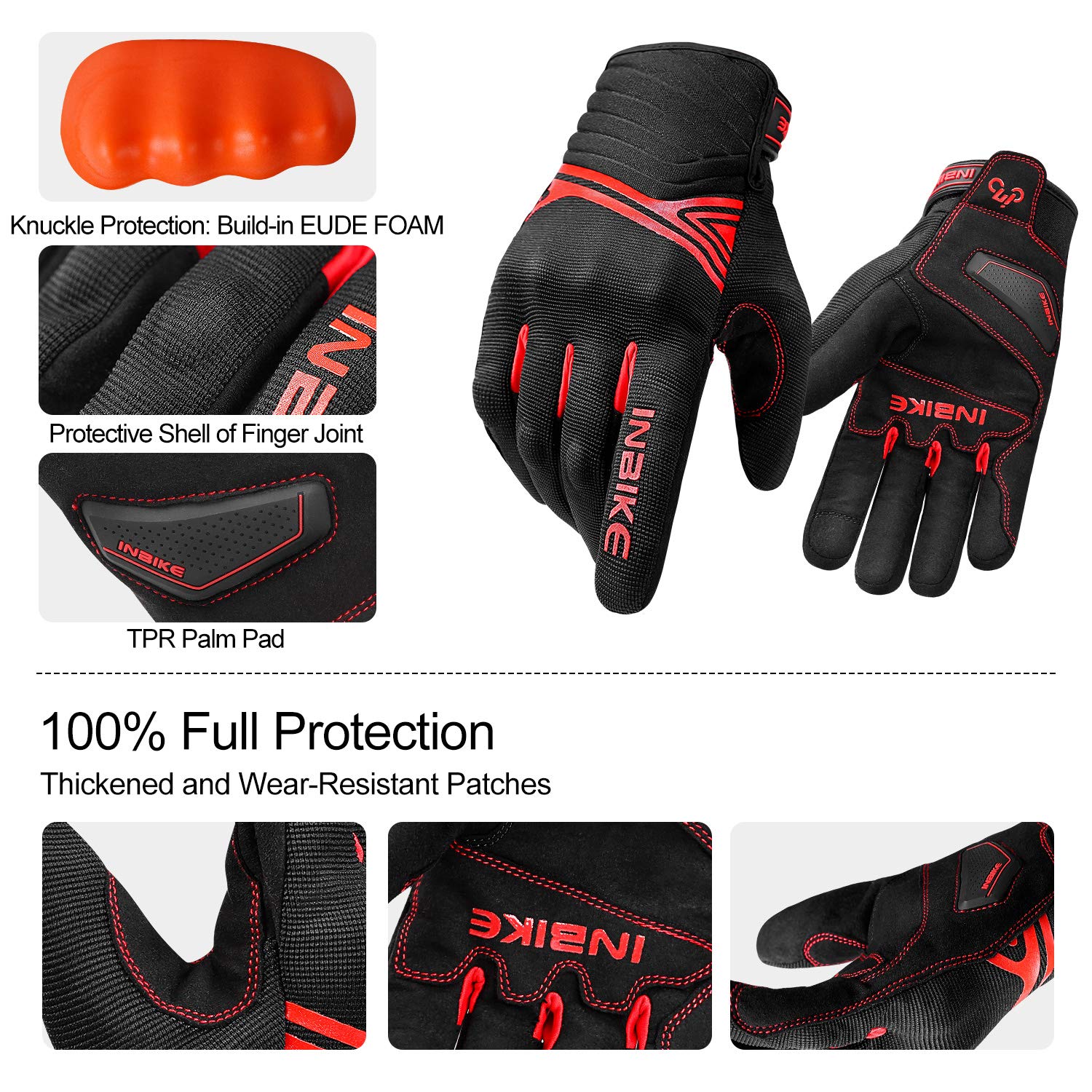 Inbike Waterproof Winter Motorcycle Gloves Thermal Fleece Touchscreen With Tpr Palm Pad Cushioning Hard Knuckle Red Small