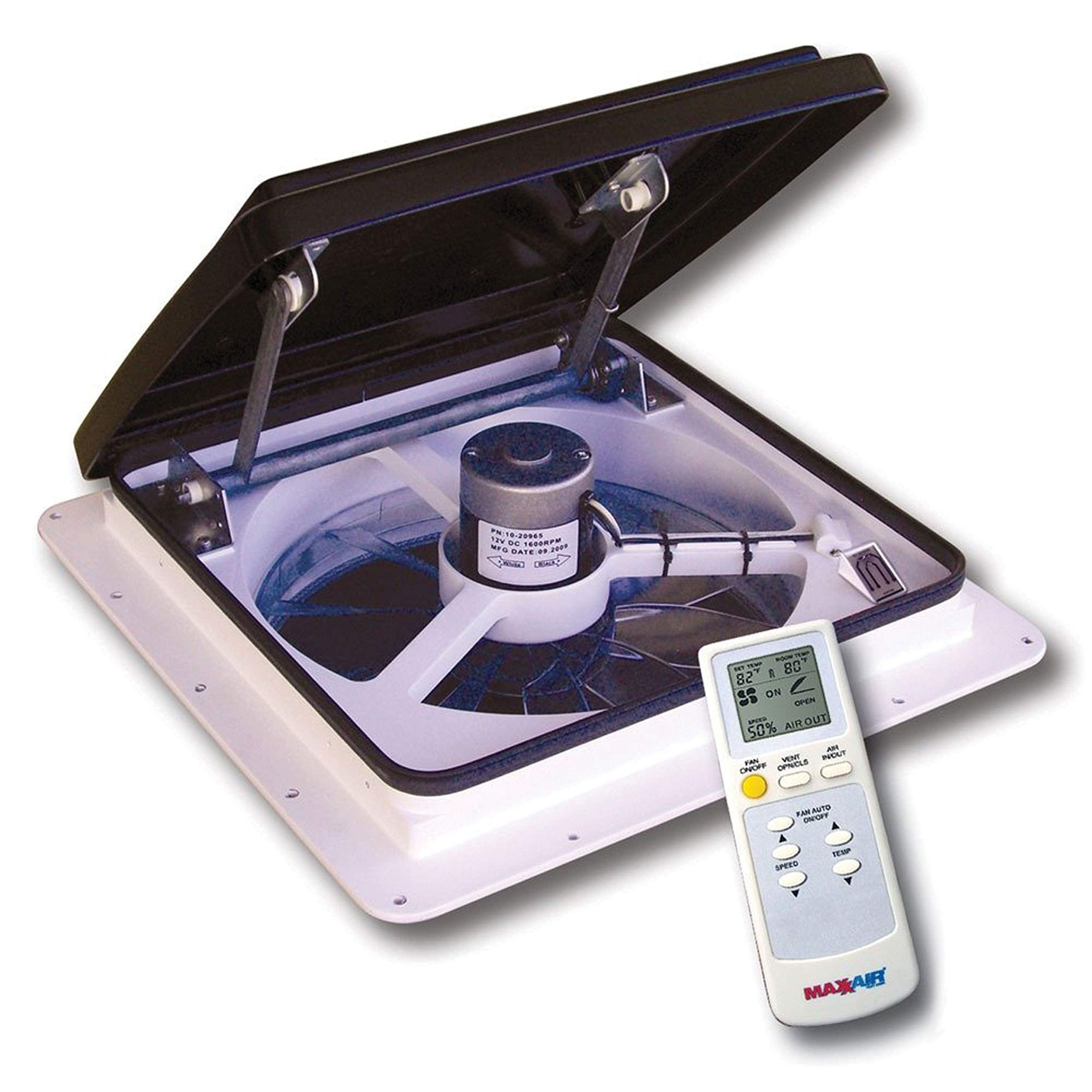 Maxxair Maxxfan Plus High Powered 10-Speed Rv Intake And Exhaust Fan - Manual Or Remote Control Electric Opening, Easy Ceiling Controls, Rain Sensor With Automatic Lid Closure, Smoke (00-04500K)