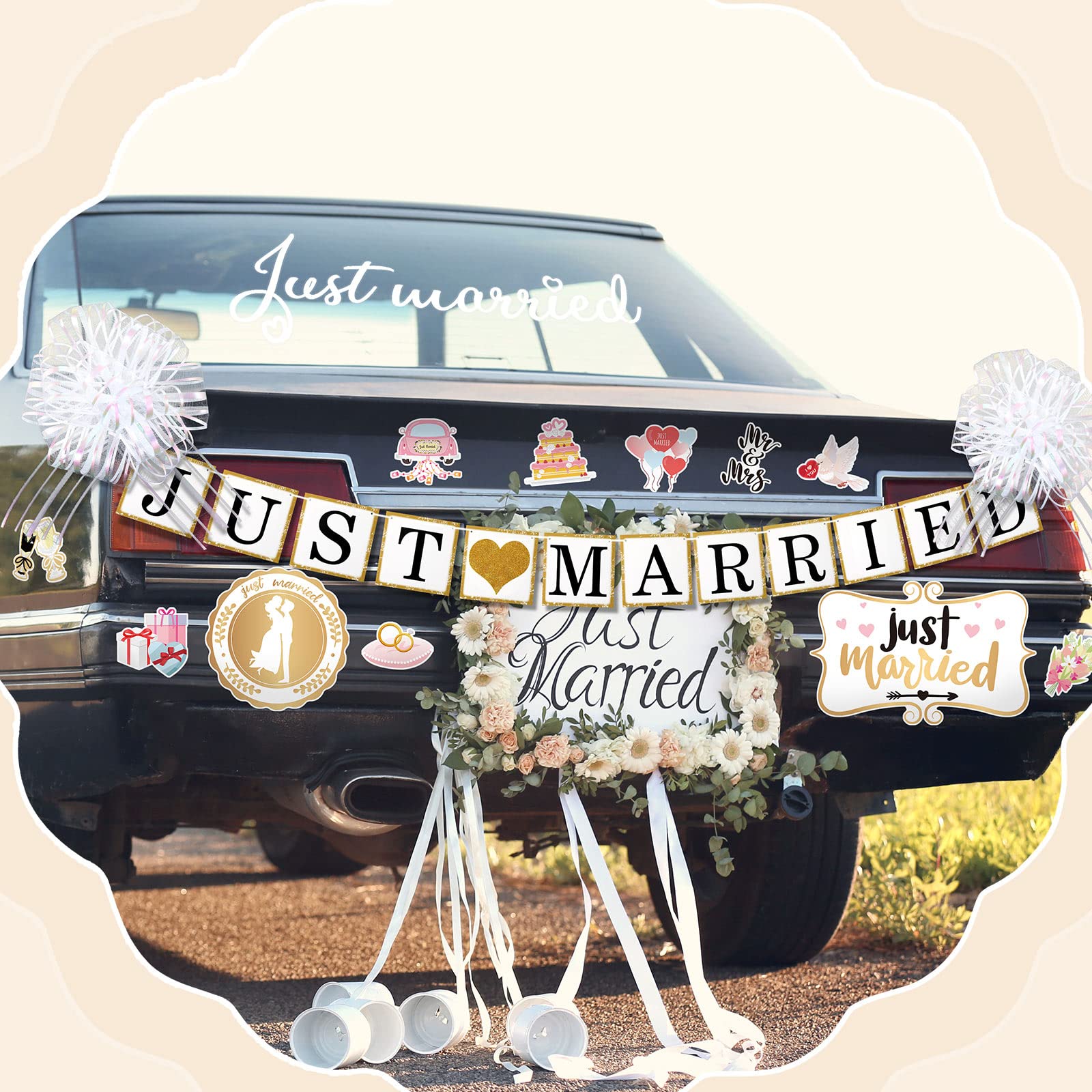 18 Pcs Just Married Wedding Car Decorations Include 12 Just Married Ornate Car Magnets Window Decal Sign Banner 4 Organza Pull B