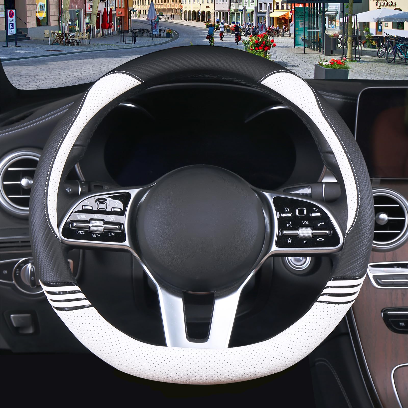 Binsheo Cute Steering Wheel Cover D Shape For Girls Women Universal 15 Inch,Black And White