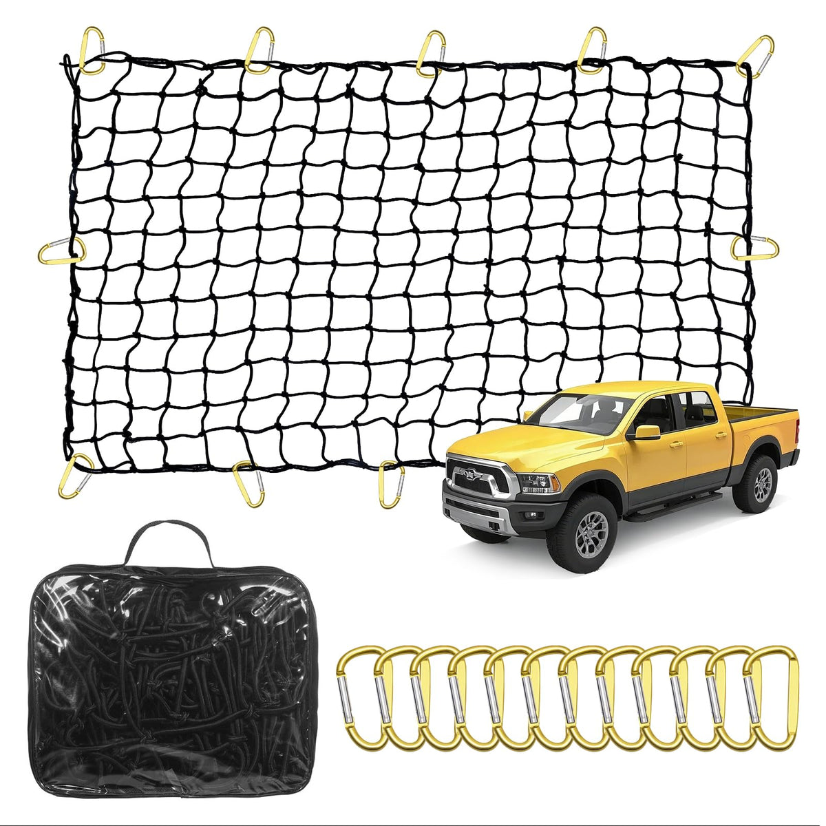 VEVOR Cargo Net for Pickup Truck Bed 4' x 6' Stretches to 7.2' x 10.8', Small 4x4 Latex Bungee Net Mesh with 12 Steel D-Shap