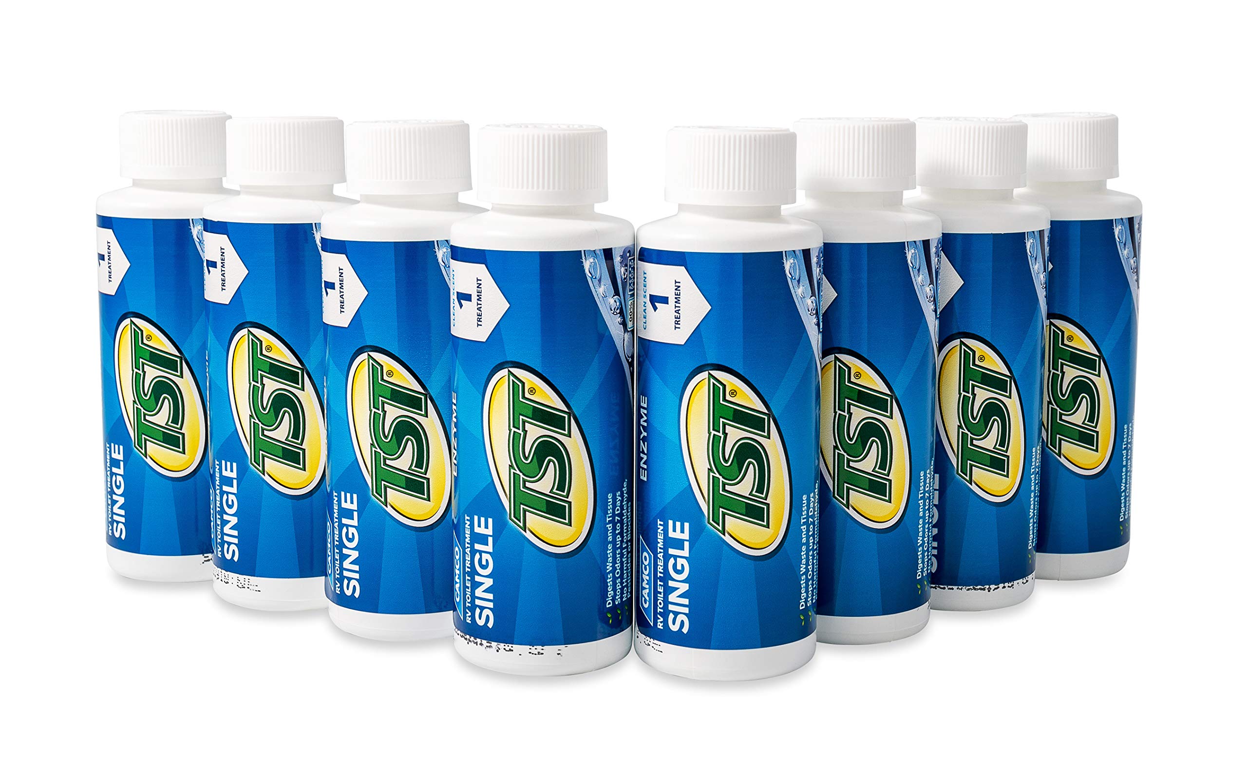 Camco Tst Blue Enzyme Rv Toilet Treatment Singles | Features A Biodegradable Septic Safe Formula, A Clean Scent, And Is Ideal For Rving, Boating, And More | (8) 4 Oz Bottles (41501)