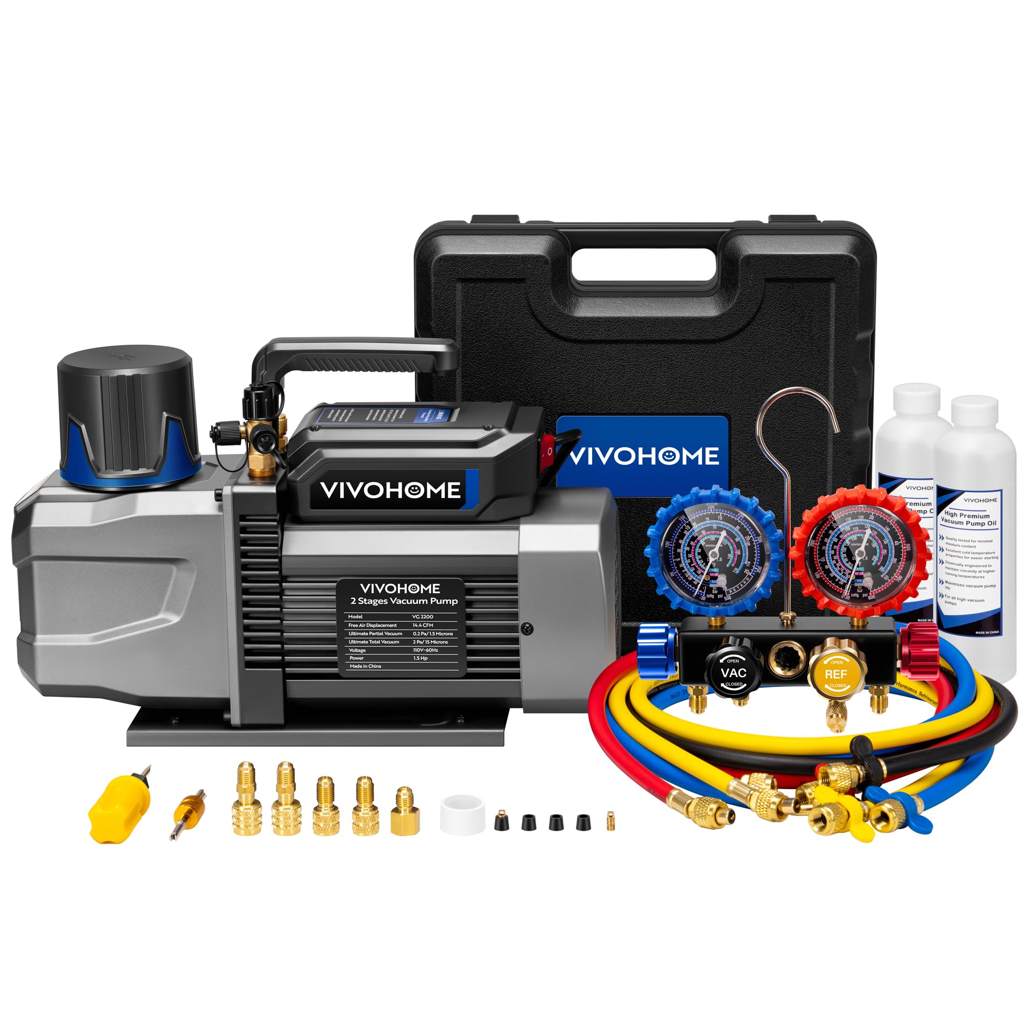 VIVOHOME A2L AC Vacuum Pump and 4 Way Manifold Gauge Set, 1.5 HP 14.4CFM 2 Stage HVAC Vacuum Pump Kit with 5ft Hoses, Sparkless 