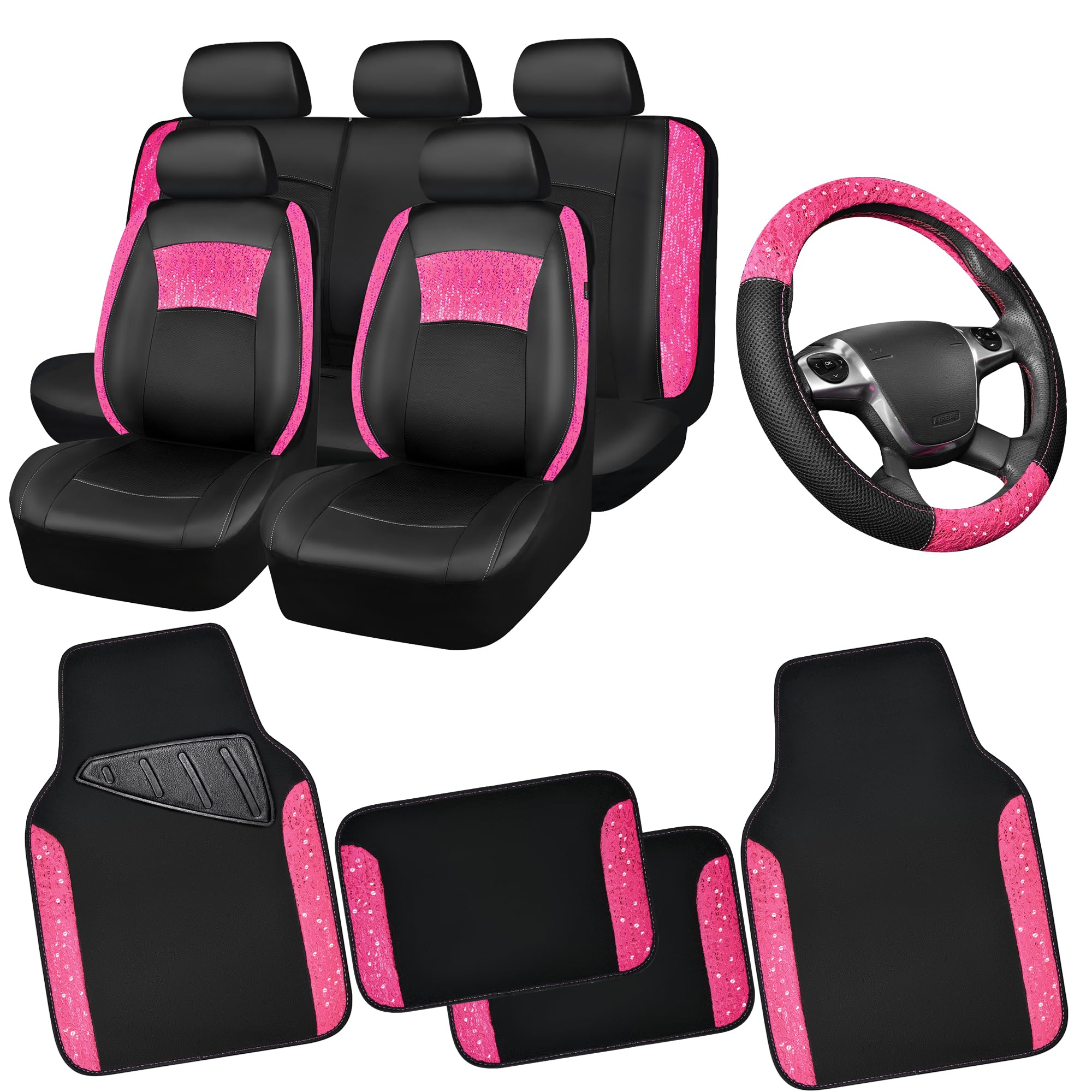 Car Pass Universal Leather Pink Lace Car Seat Covers Full Set For Women Girls, Waterproof Car Floor Mats Carpet, Steering Wheel