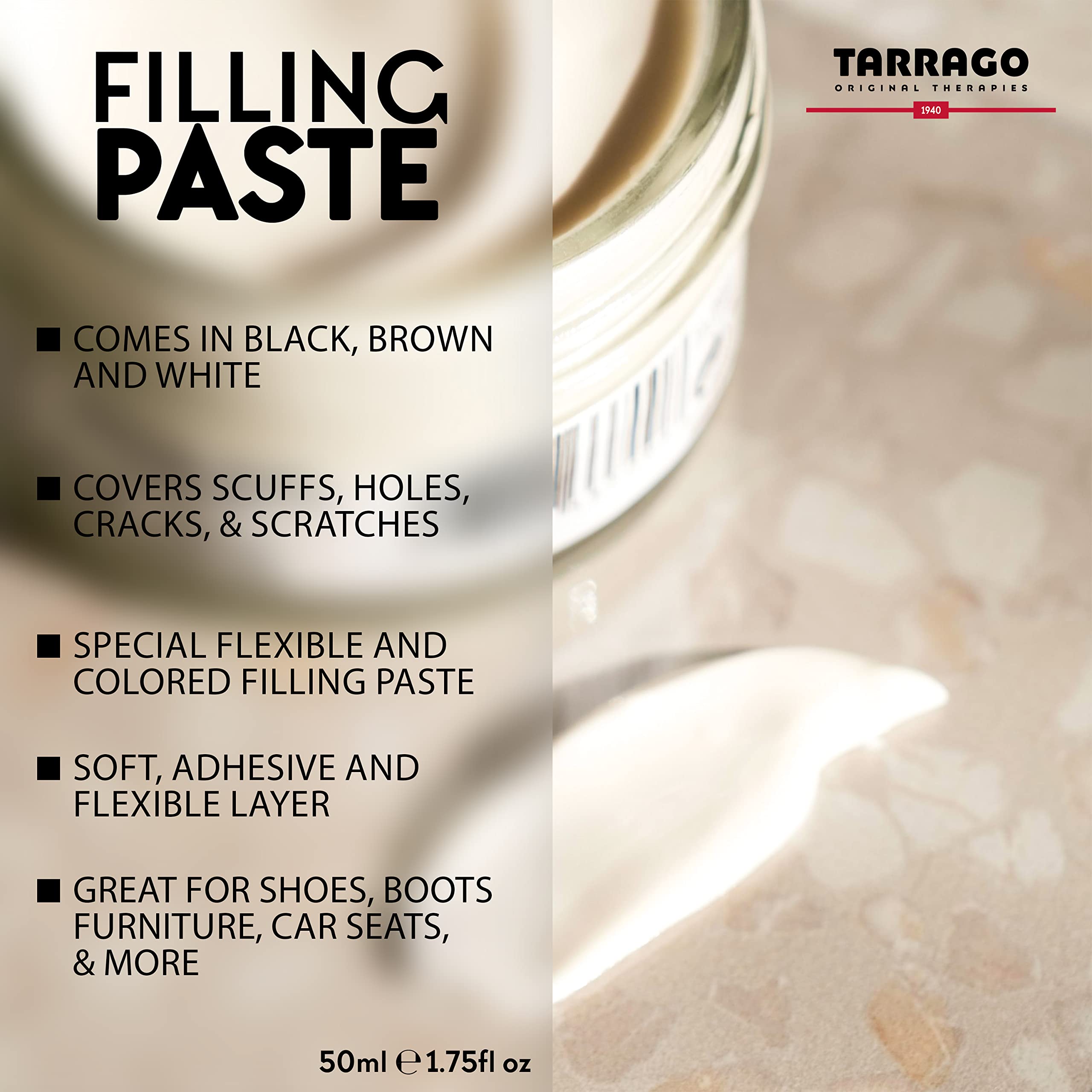 Tarrago Filling Paste - 50ml Leather Filler Repair Compound - Leather Restoration Crack, Burns, Tears, Holes Filler for Car Seat