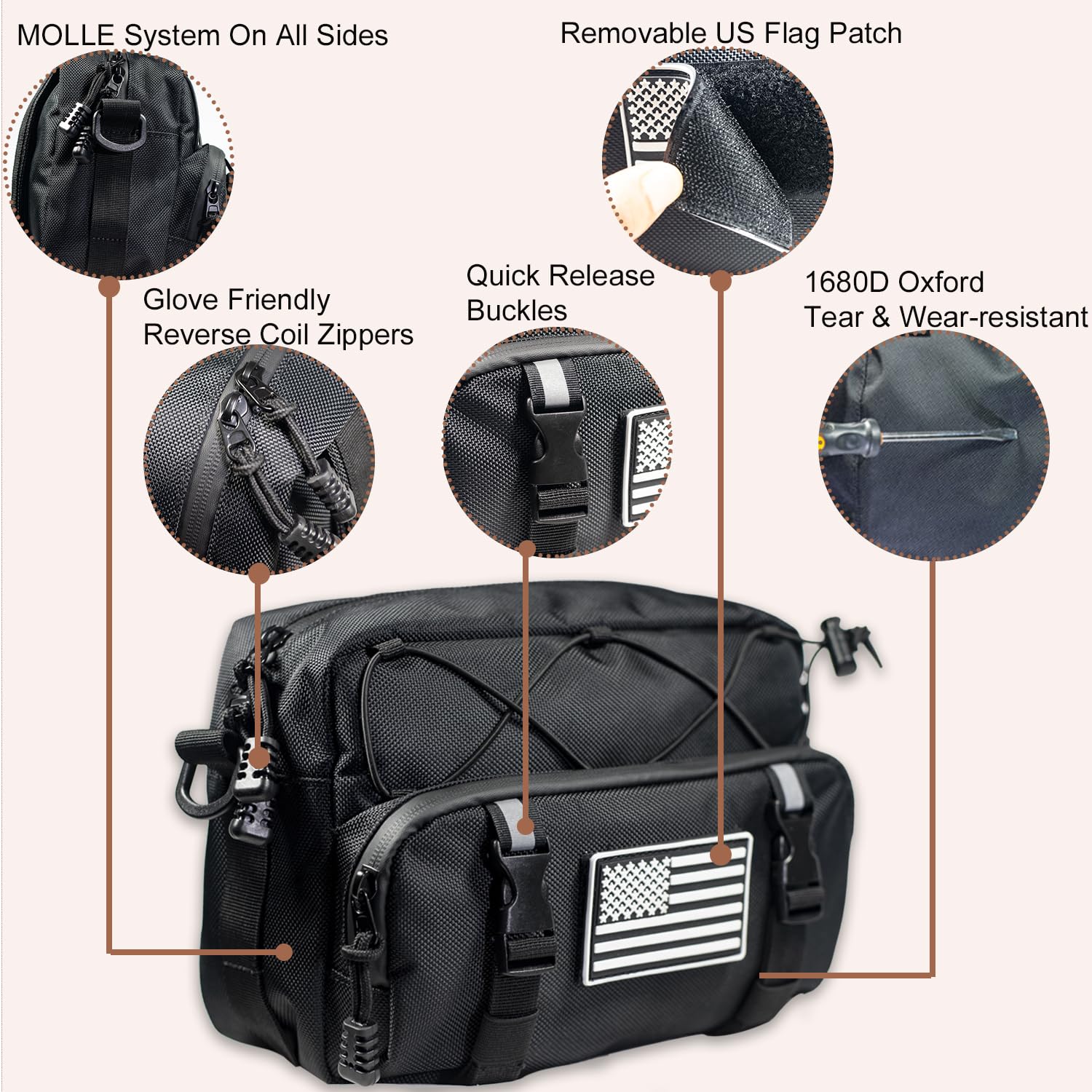 Universal Motorcycle Bag, Black Motorcycle Handlebar Bag, American Flag 1680D Water-Resistant Tool Bag Fork Bag Sissy Bar Bag Fo
